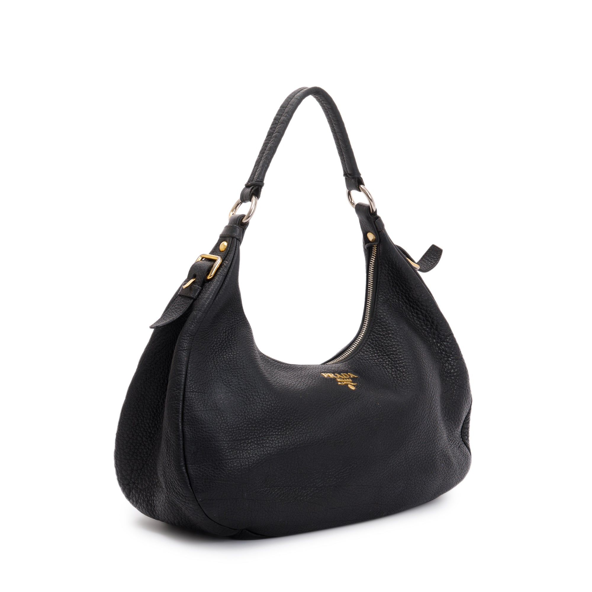 Prada Black Vitello Daino Leather Zip Top Hobo