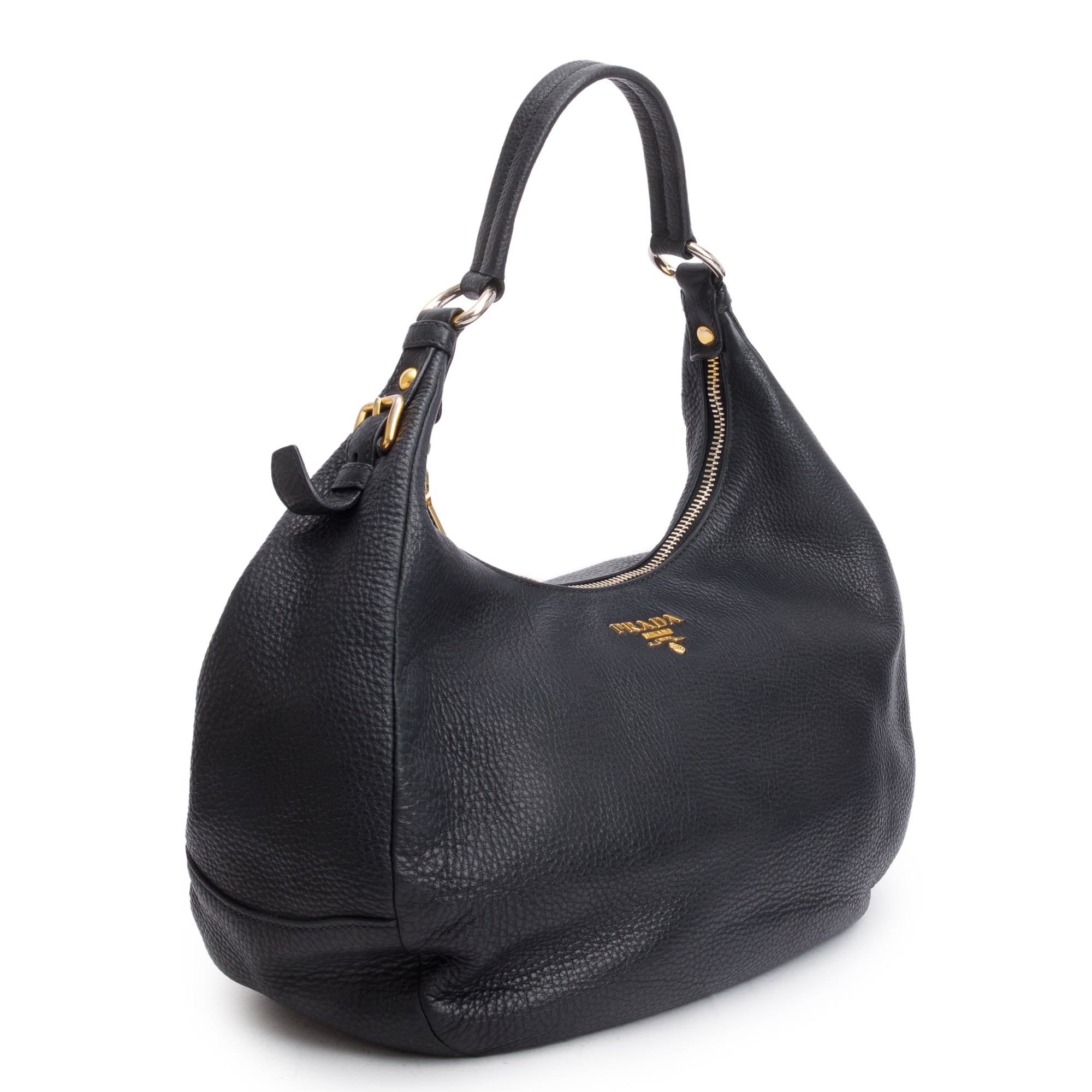 Prada Black Vitello Daino Leather Zip Top Hobo