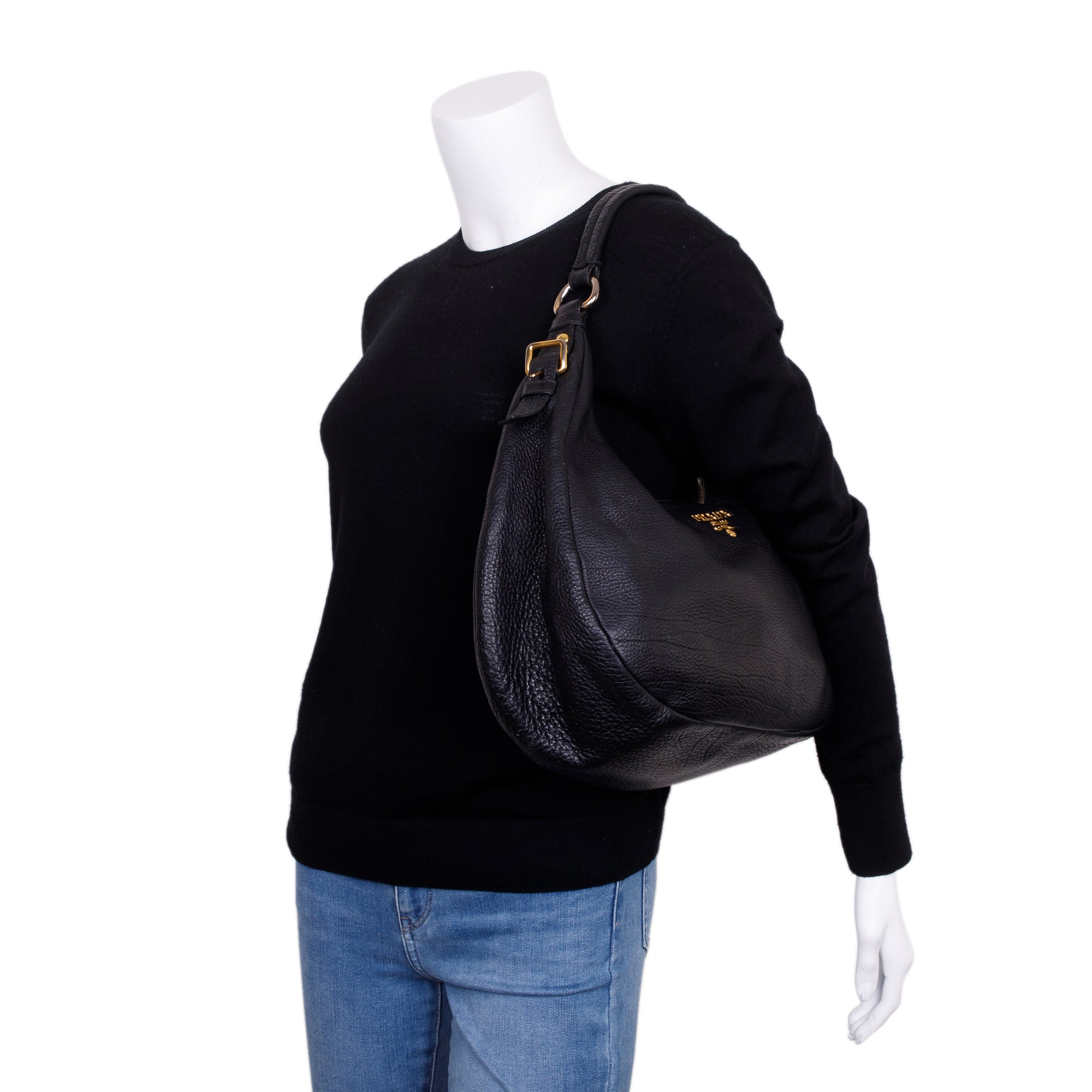 Prada Black Vitello Daino Leather Zip Top Hobo