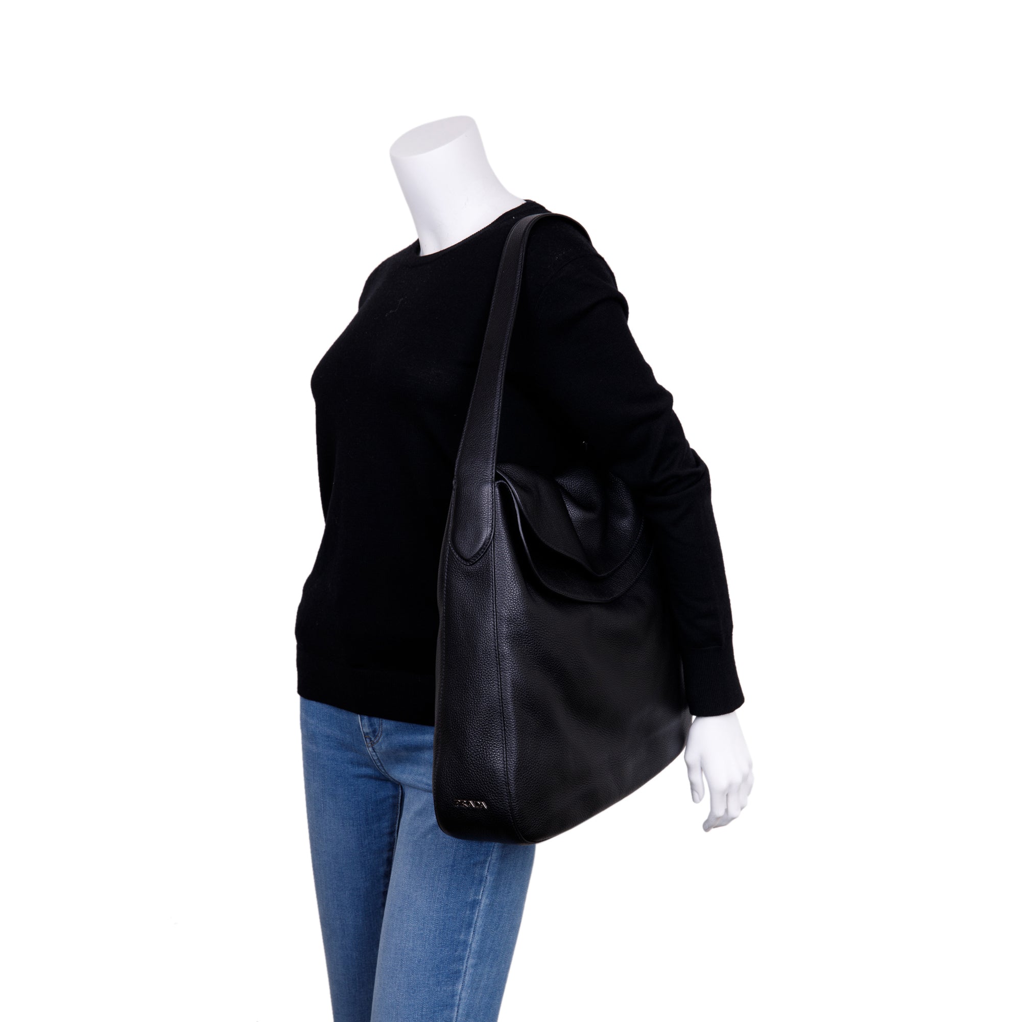 Prada Black Vitello Daino Medium Double Flap Hobo w/ Authenticity Card