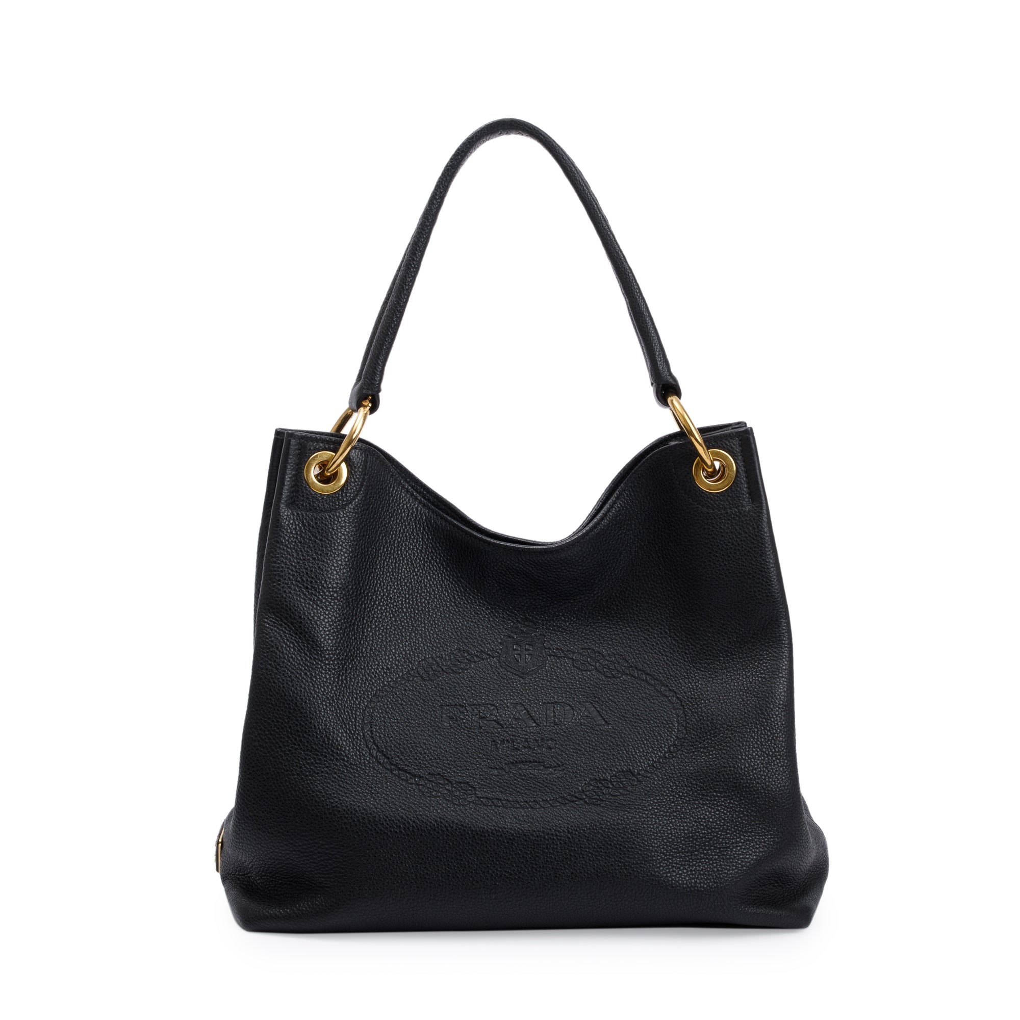 Prada Black Vitello Daino Medium Logo Embossed Hobo Bag