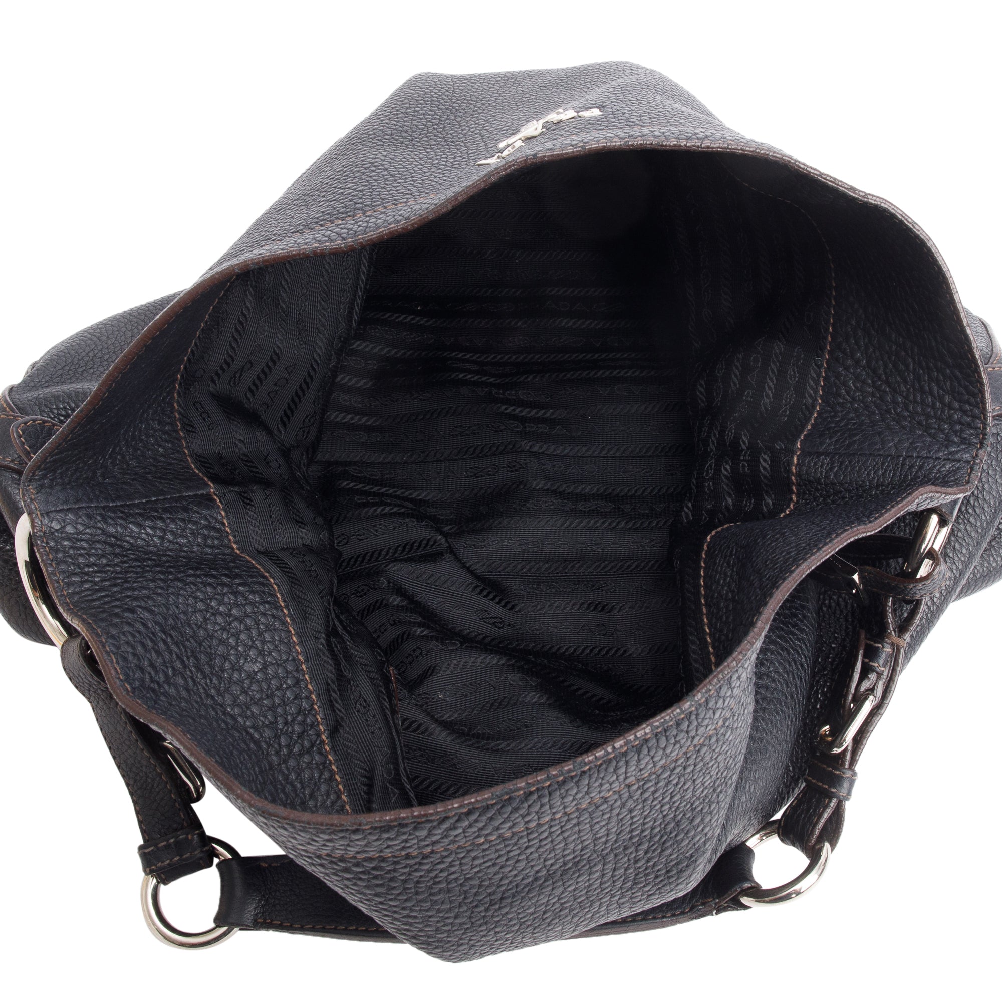 Prada Black Vitello Daino Medium Logo Hobo Bag