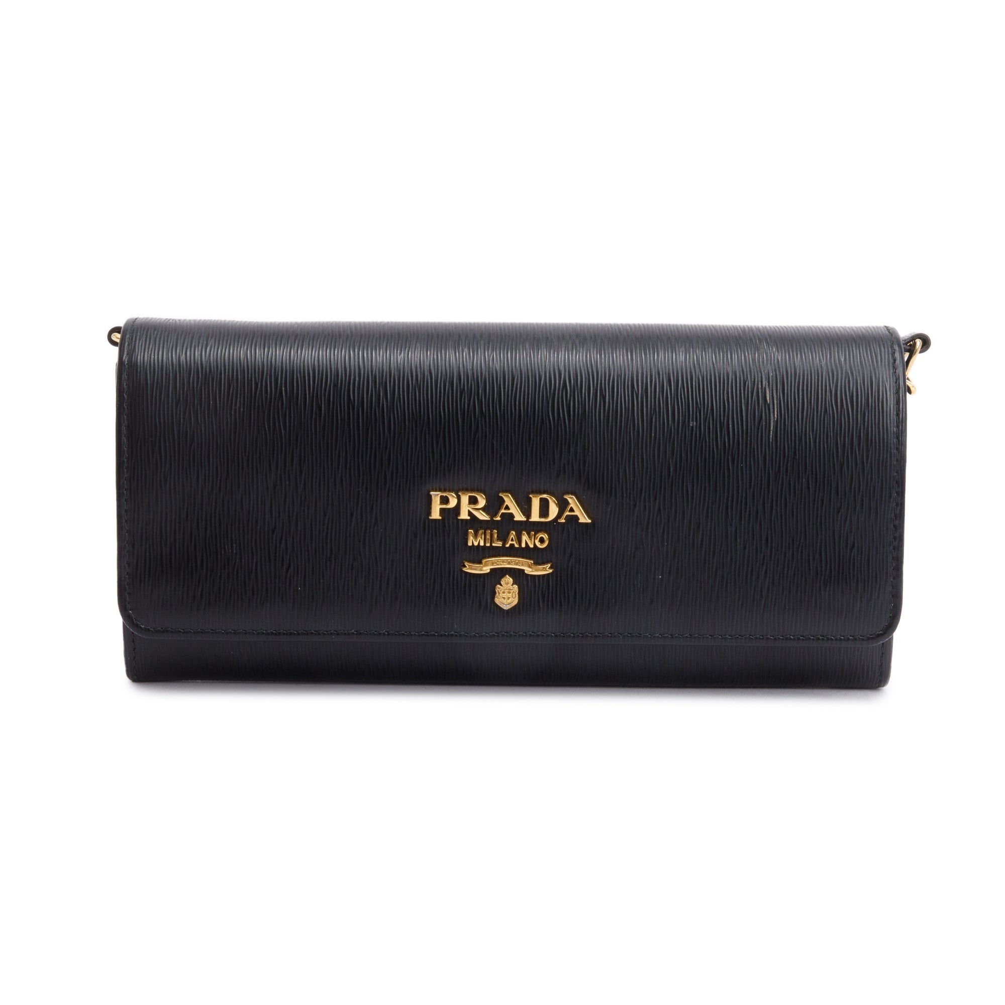 Prada Black Vitello Move Continental Wallet on Chain w/ Box