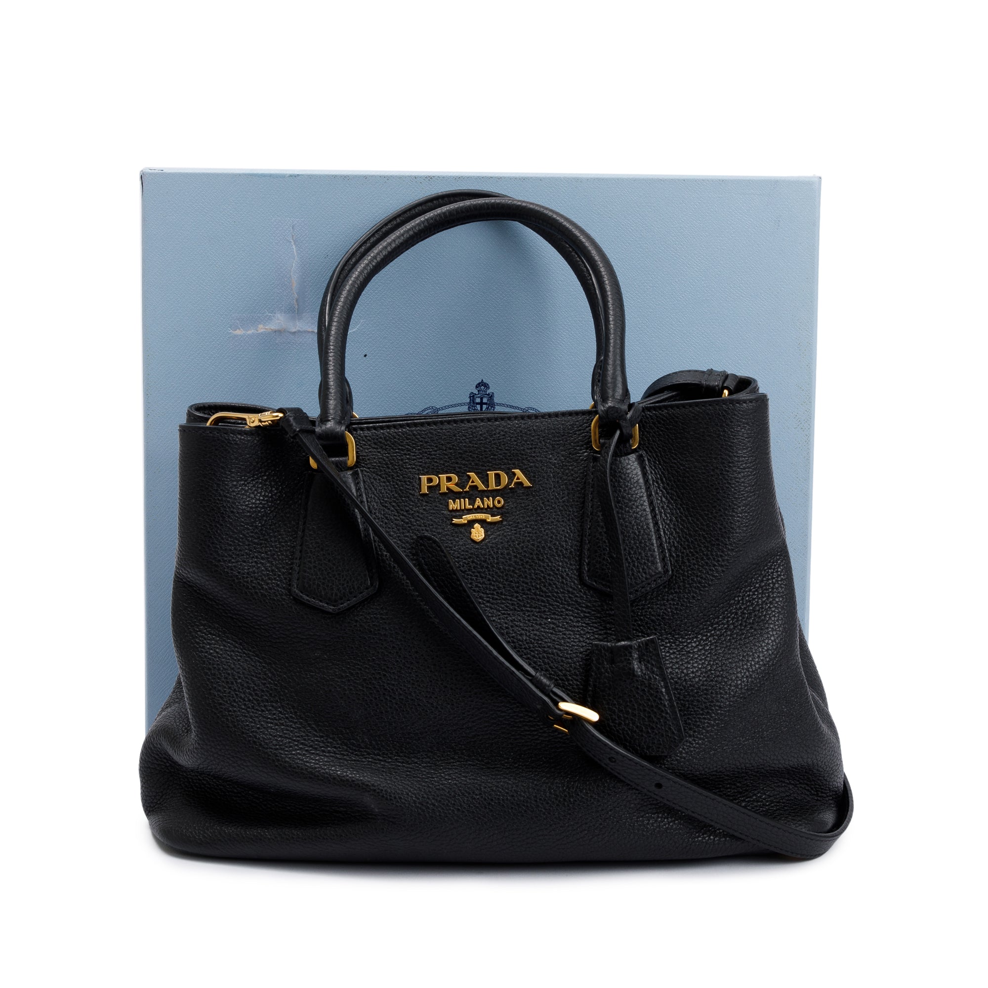 Prada Black Vitello Phenix Convertible Tote w/ Strap, Box & Authenticity Card