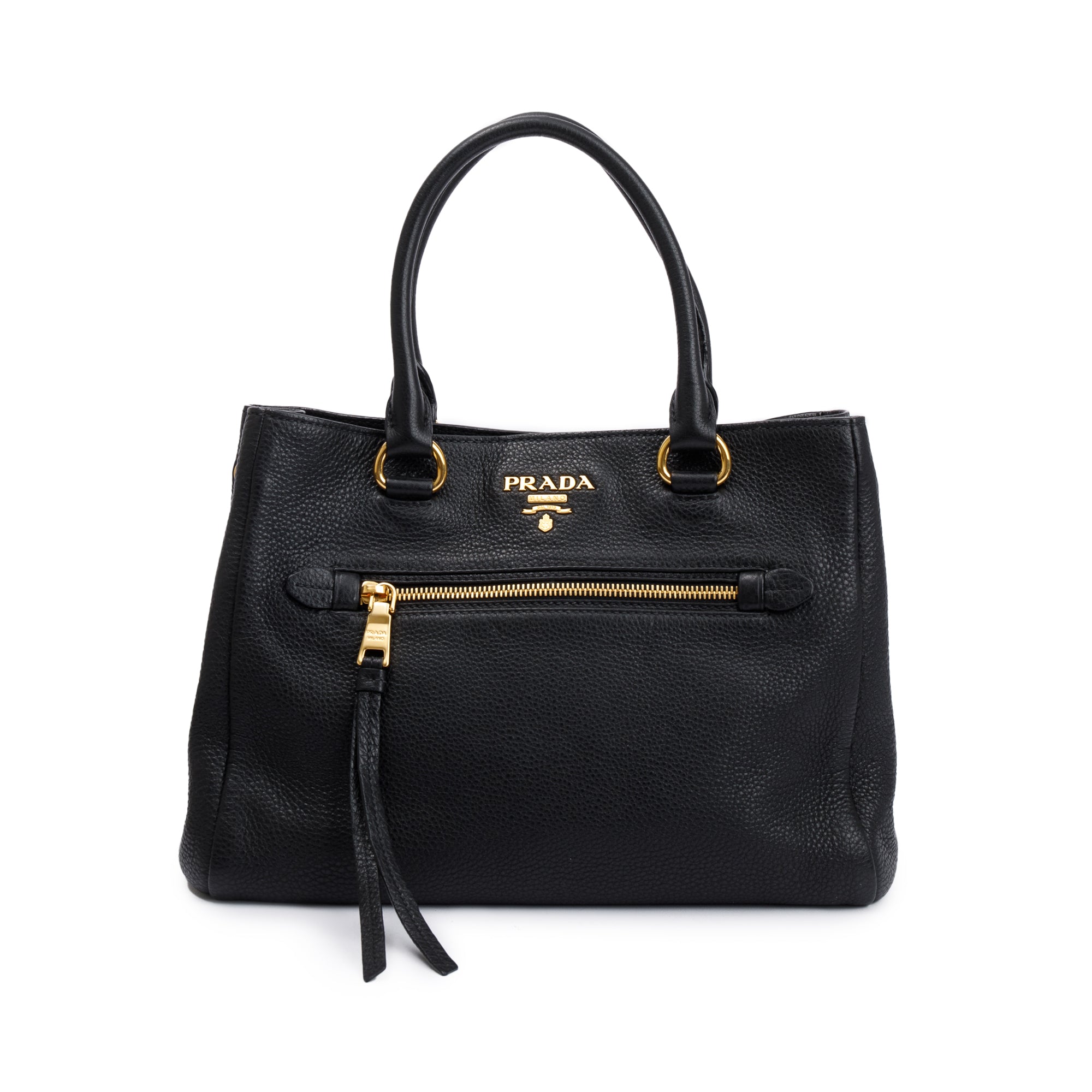 Prada Black Vitello Phenix Leather Pocket Tote w/ Strap & Authenticity Card