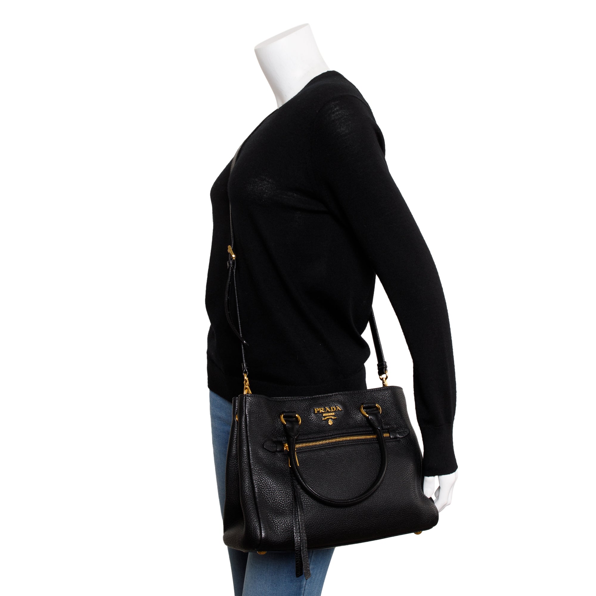 Prada Black Vitello Phenix Leather Pocket Tote w/ Strap & Authenticity Card