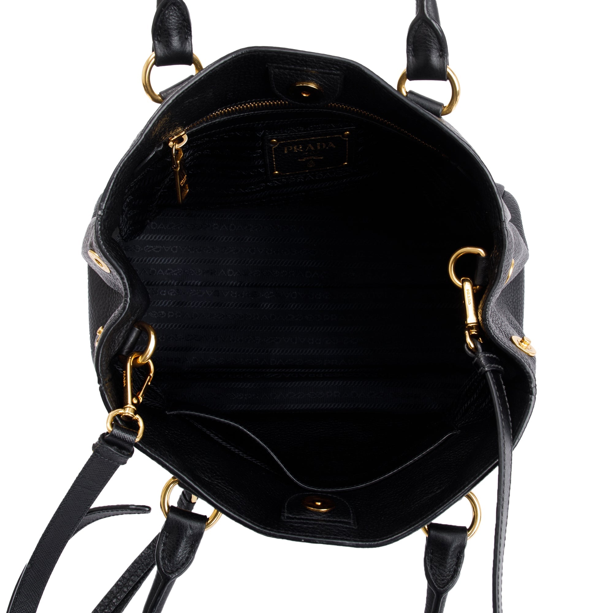 Prada Black Vitello Phenix Leather Pocket Tote w/ Strap & Authenticity Card