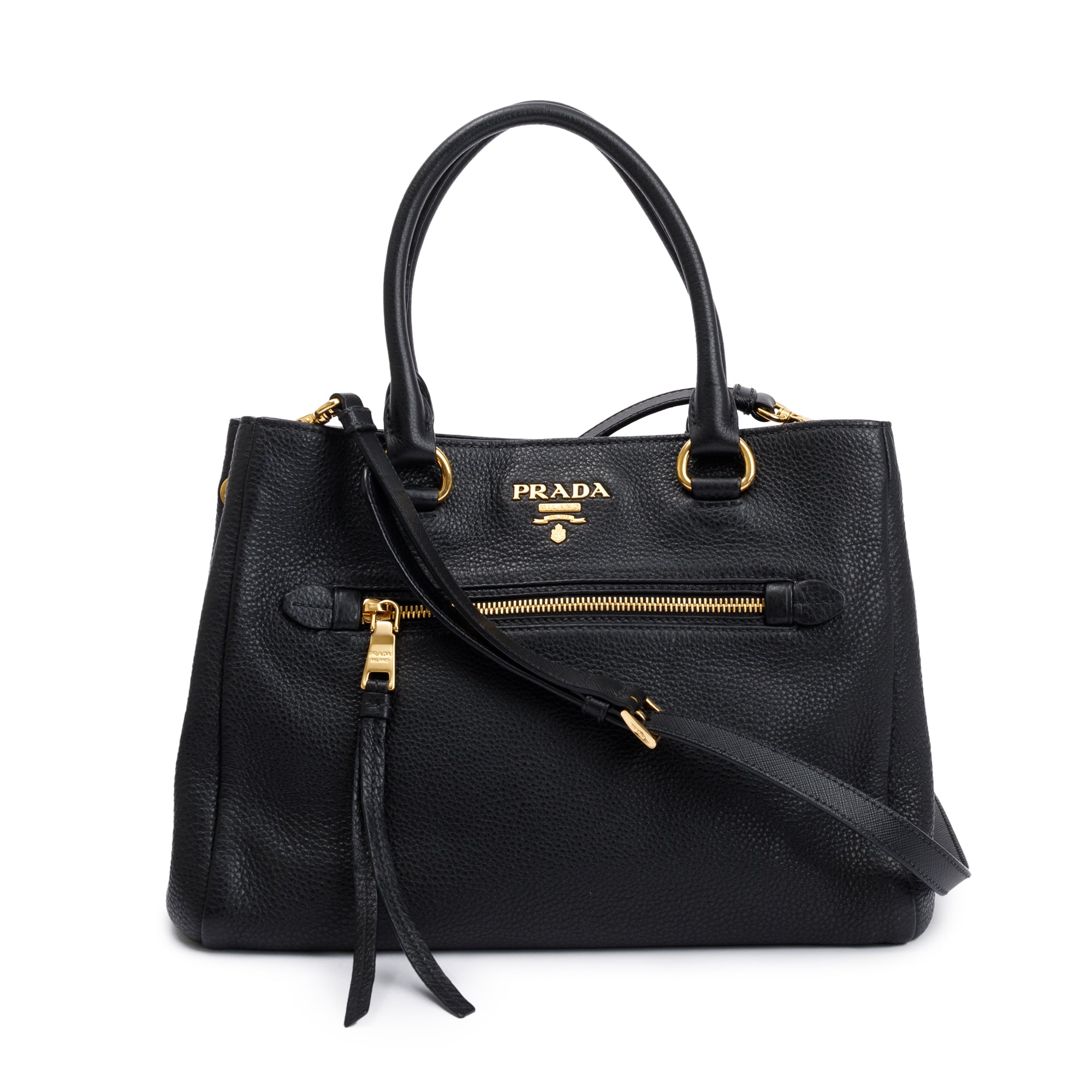 Prada Black Vitello Phenix Leather Pocket Tote w/ Strap & Authenticity Card