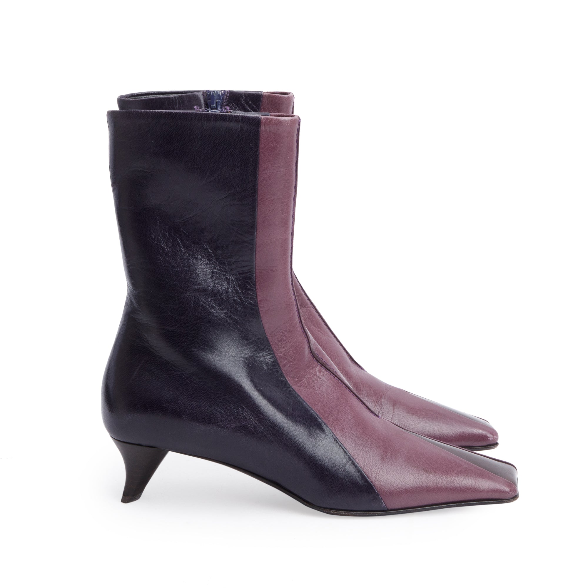 Prada Black/Purple Leather Ankle Boots, Size 37