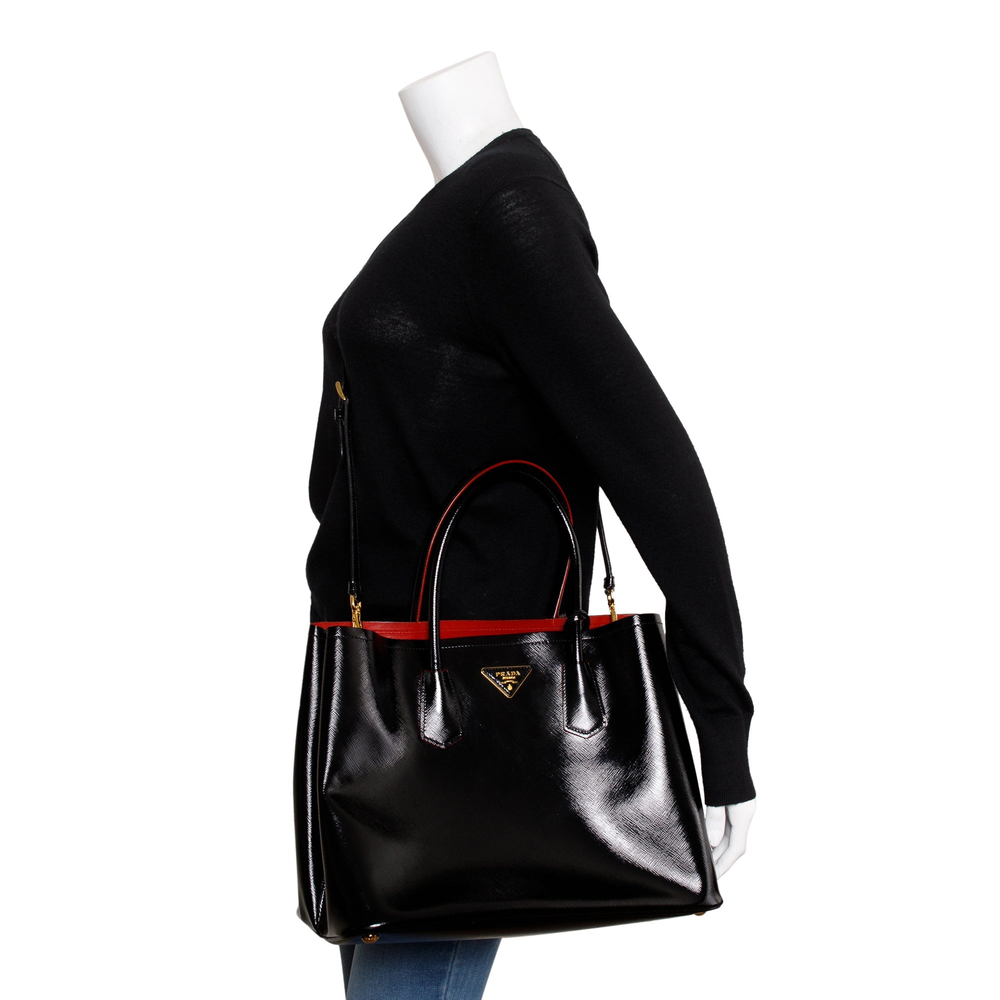 Prada Black/Red Saffiano Vernice Shiny Medium Cuir Double Tote w/ Strap