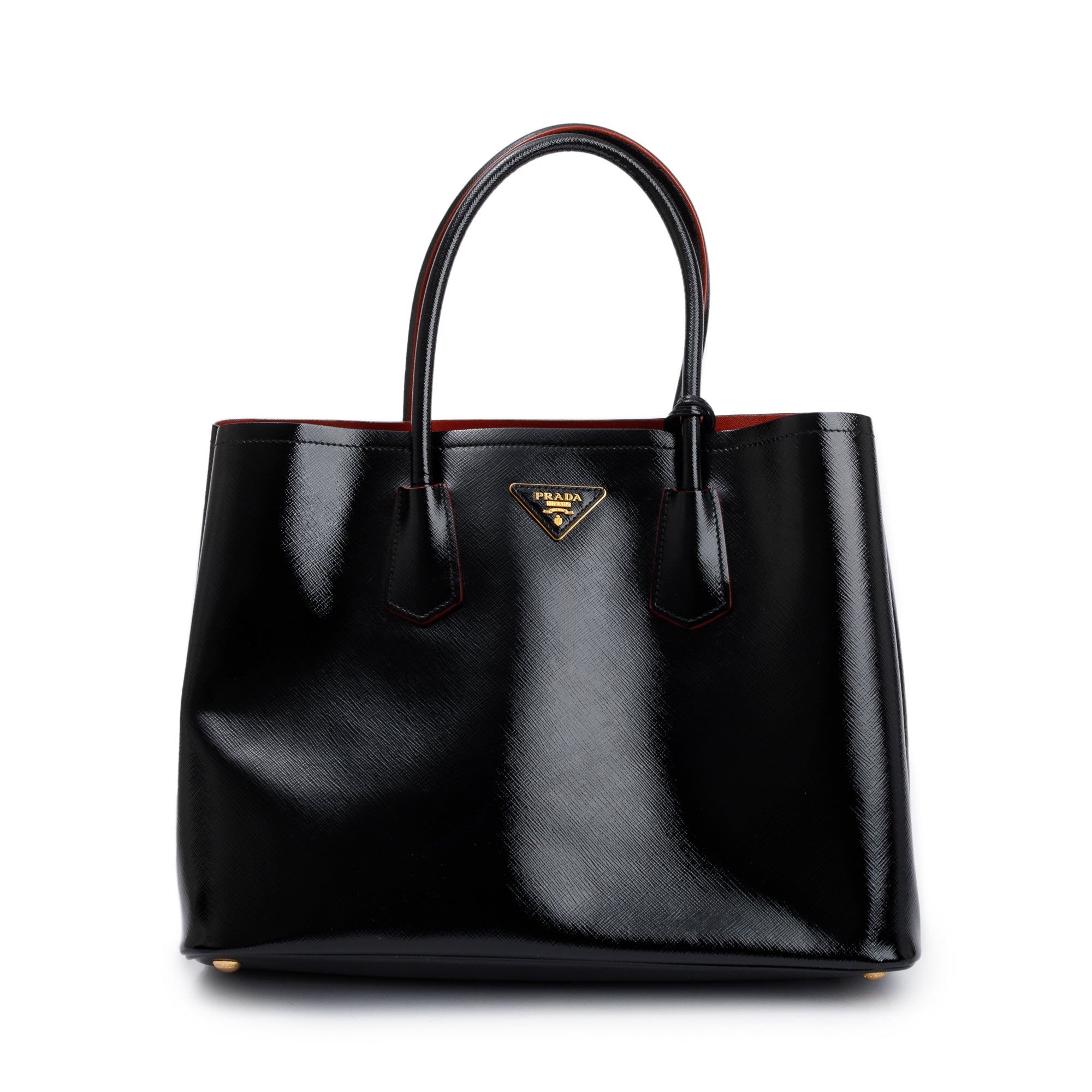 Prada Black/Red Saffiano Vernice Shiny Medium Cuir Double Tote w/ Strap
