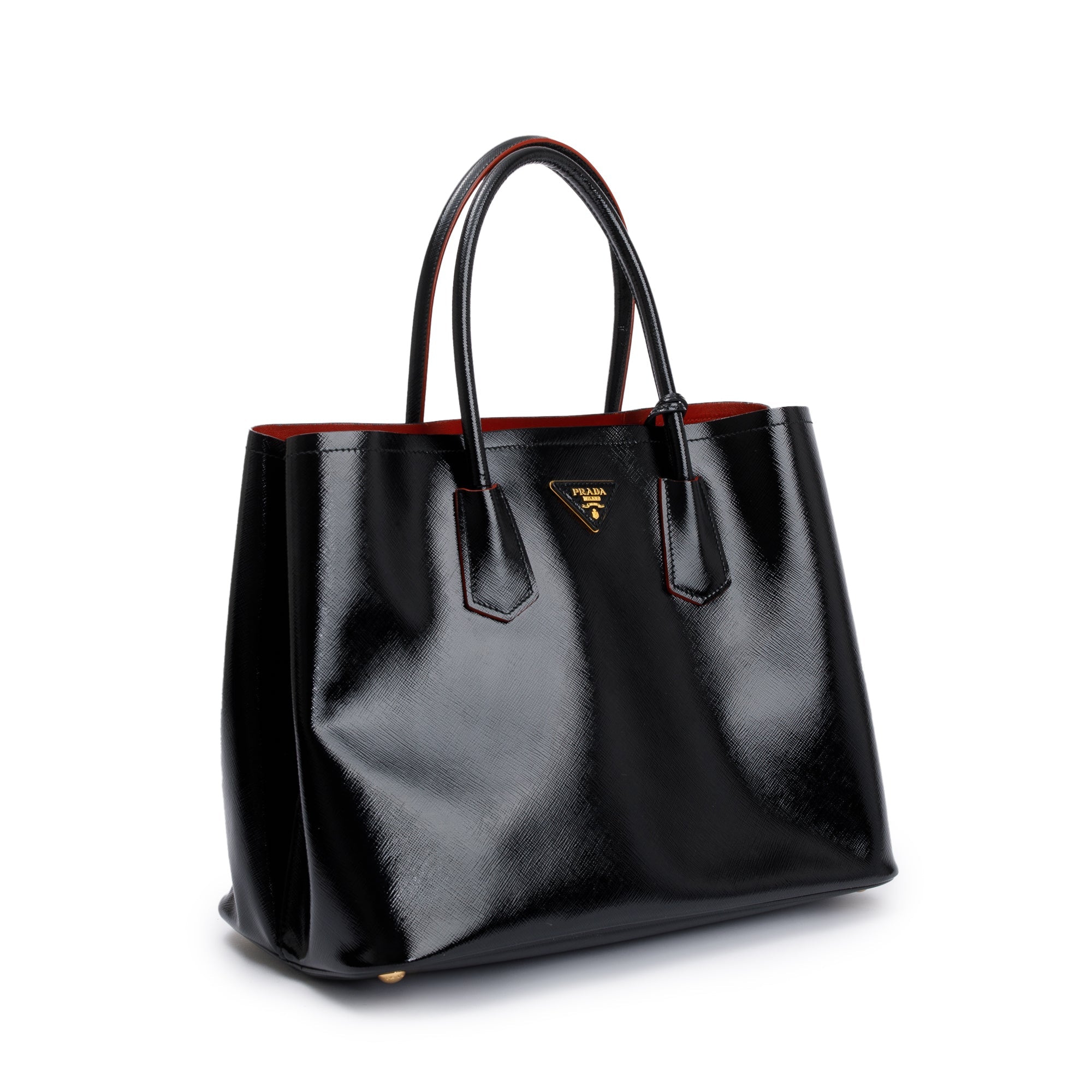 Prada Black/Red Saffiano Vernice Shiny Medium Cuir Double Tote w/ Strap