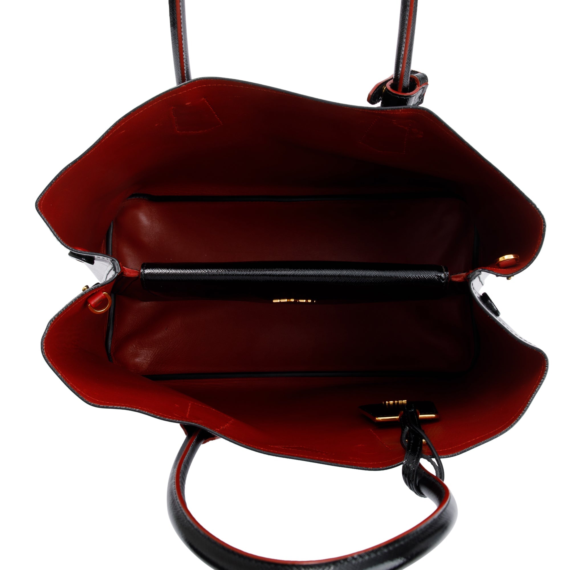 Prada Black/Red Saffiano Vernice Shiny Medium Cuir Double Tote w/ Strap