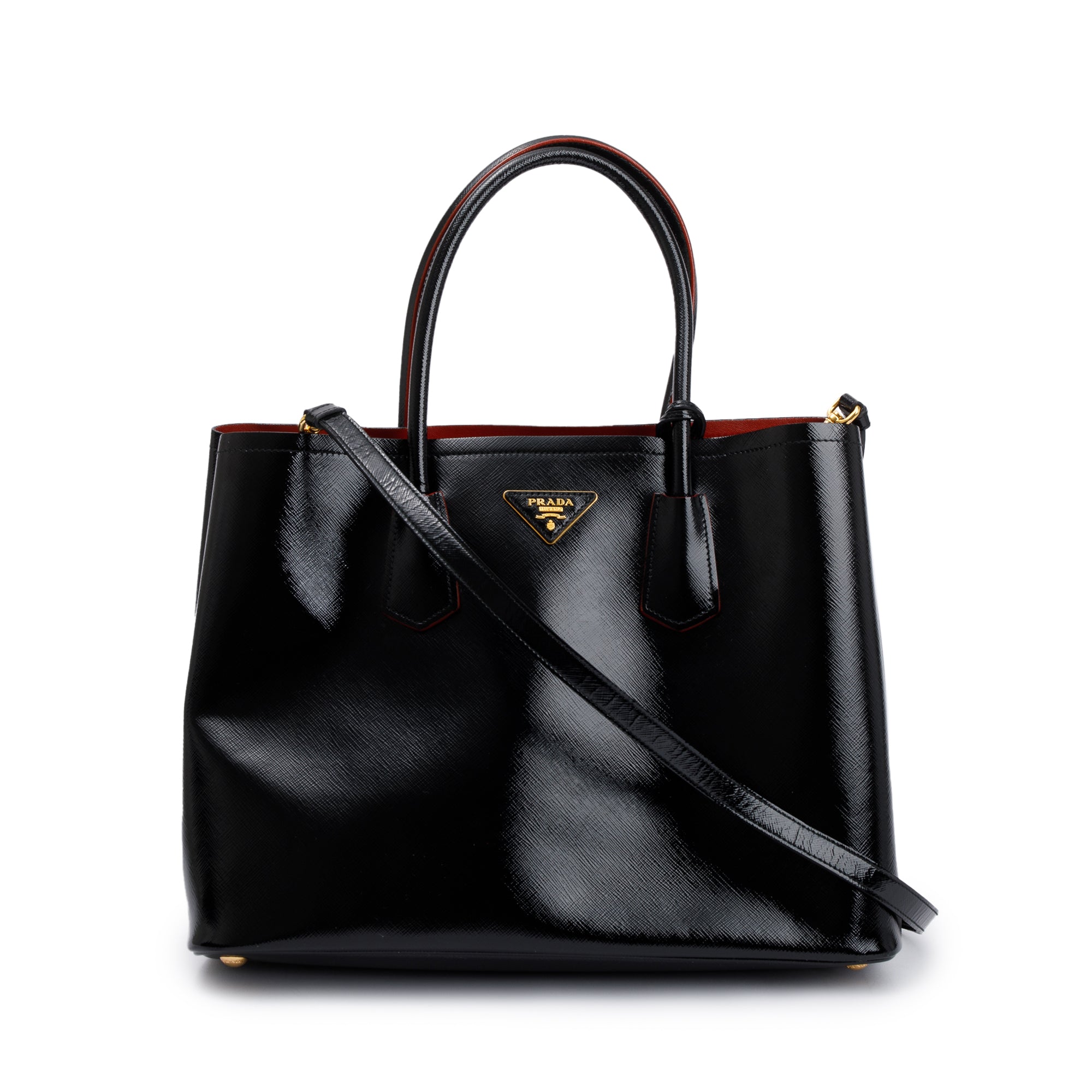 Prada Black/Red Saffiano Vernice Shiny Medium Cuir Double Tote w/ Strap