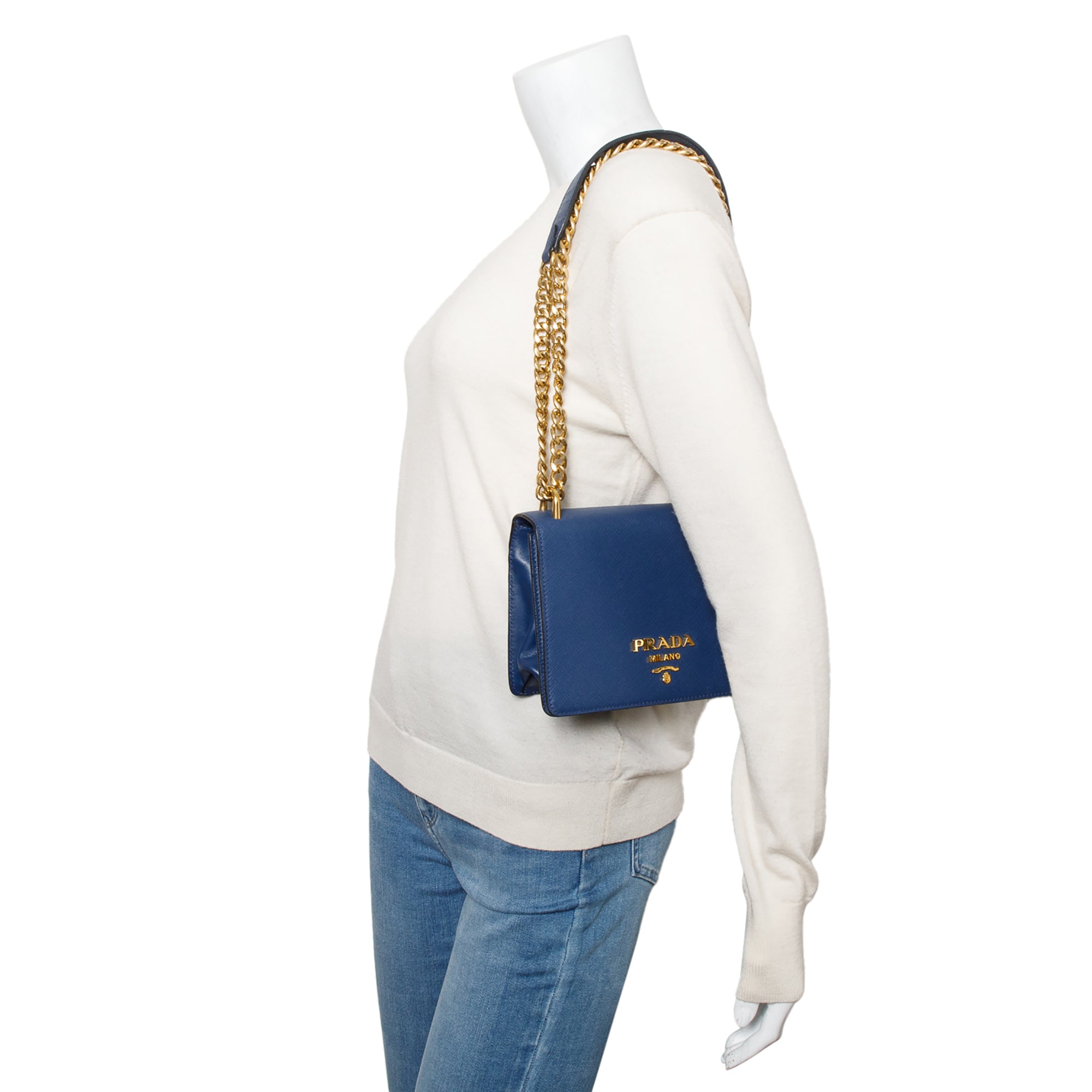 Prada Blue Saffiano Lux Chain Shoulder Bag