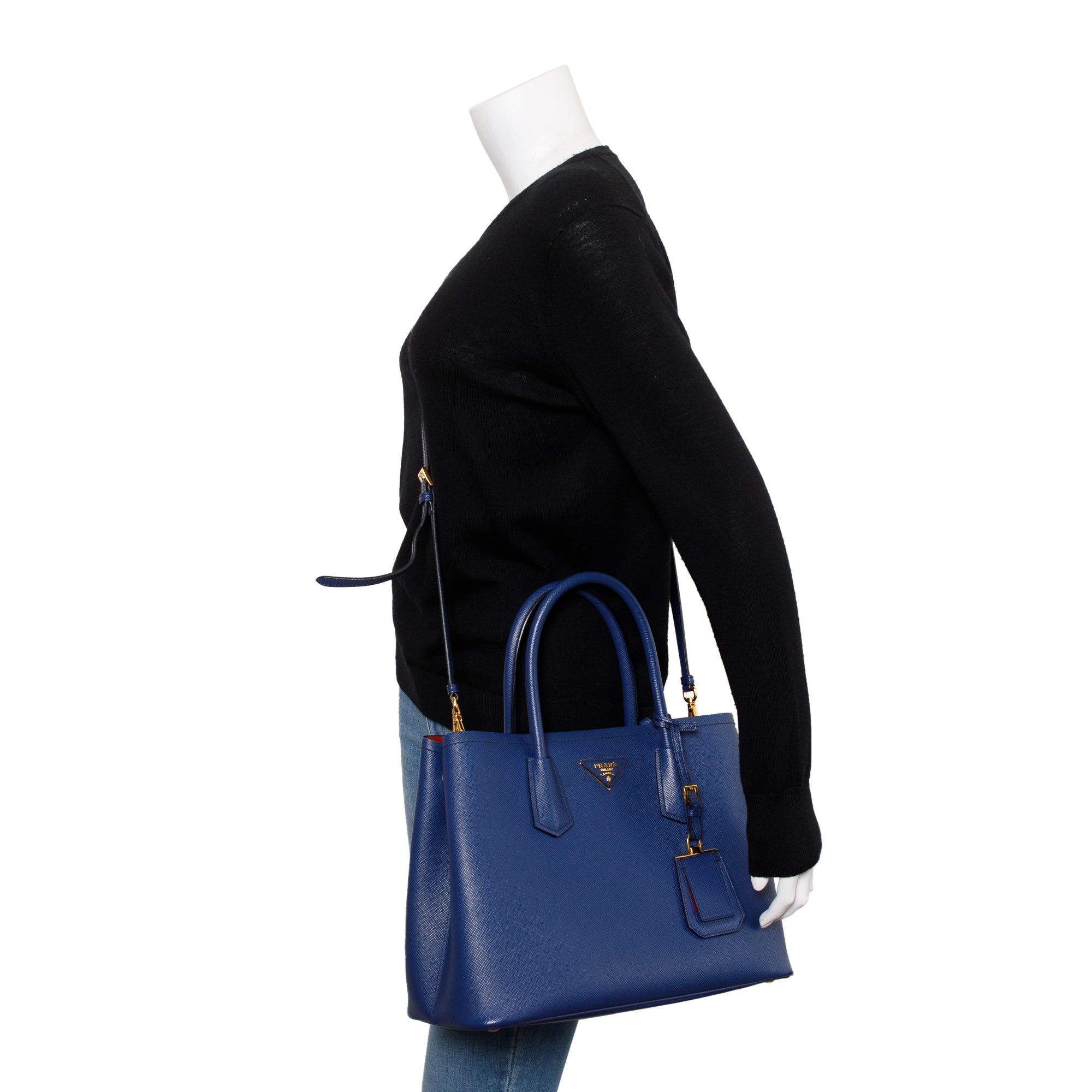 Prada Blue Saffiano Lux Medium Cuir Double Tote w/ Strap