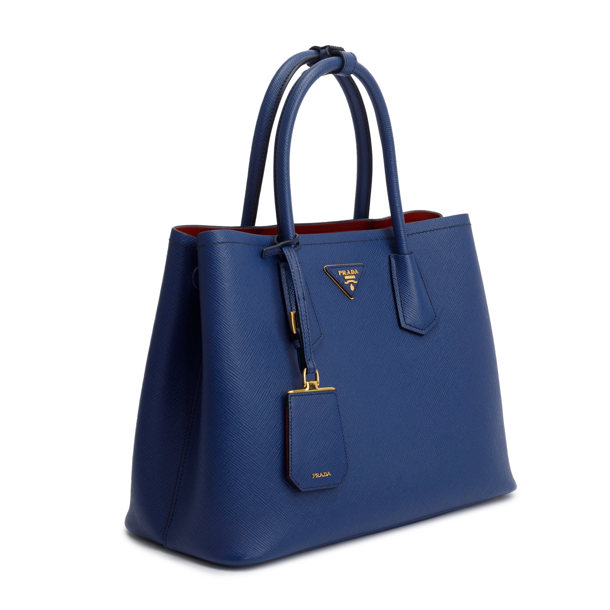 Prada Blue Saffiano Lux Medium Cuir Double Tote w/ Strap
