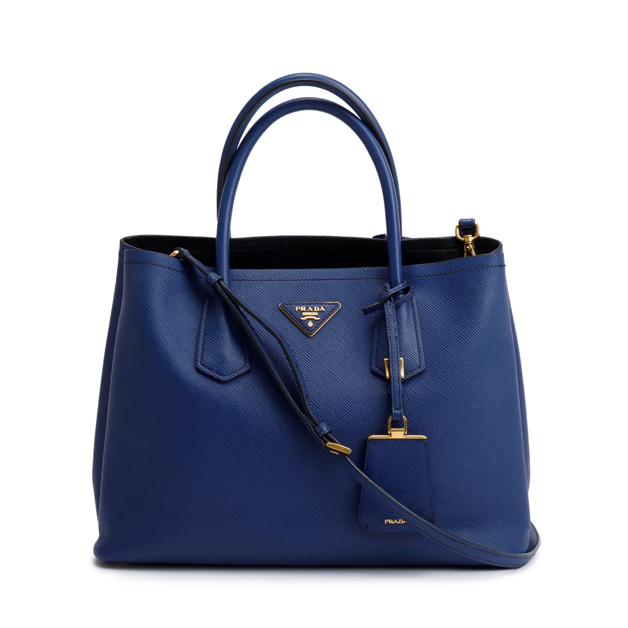 Prada Blue Saffiano Lux Medium Cuir Double Tote w/ Strap