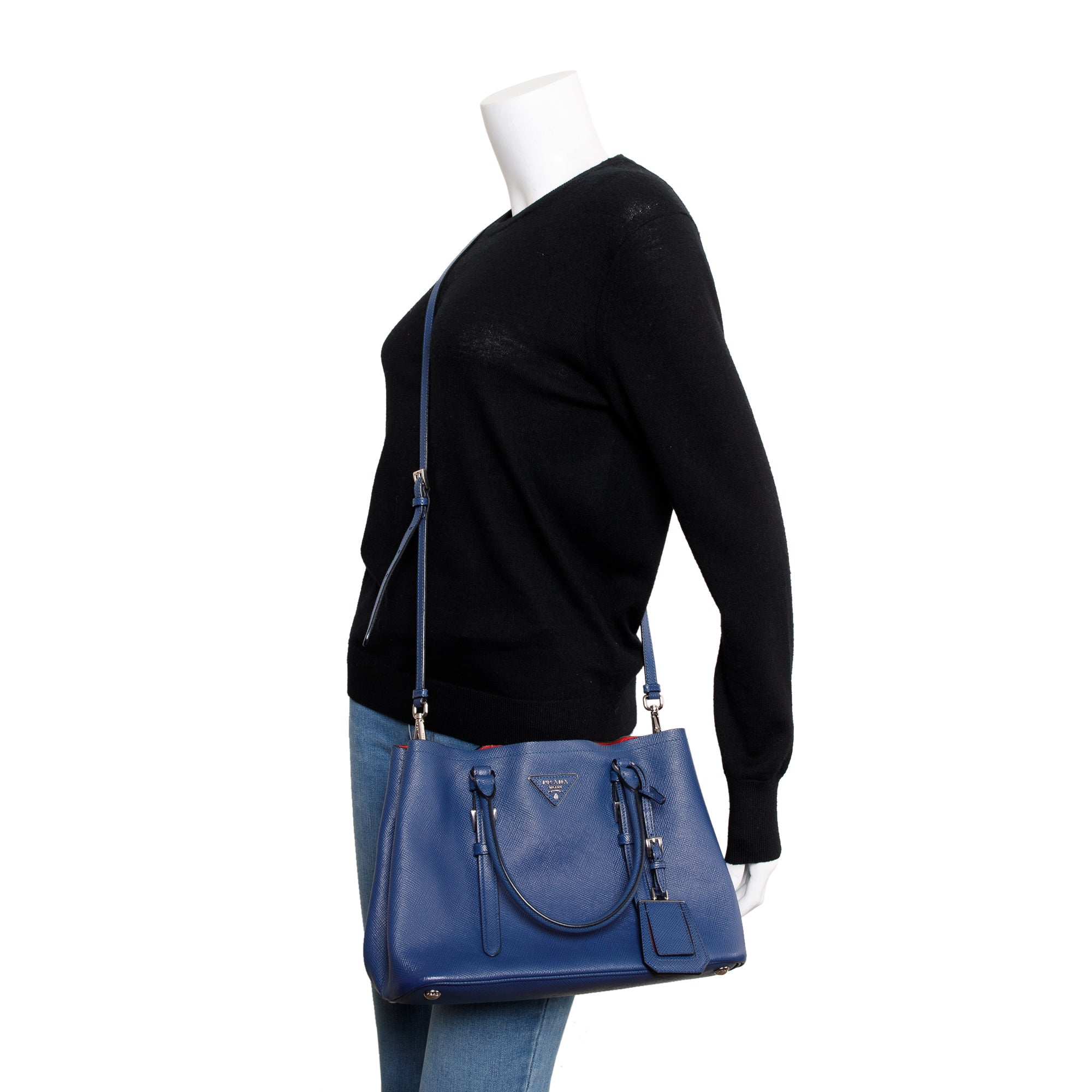 Prada Blue Saffiano Lux Small Cuir Double Tote w/ Strap
