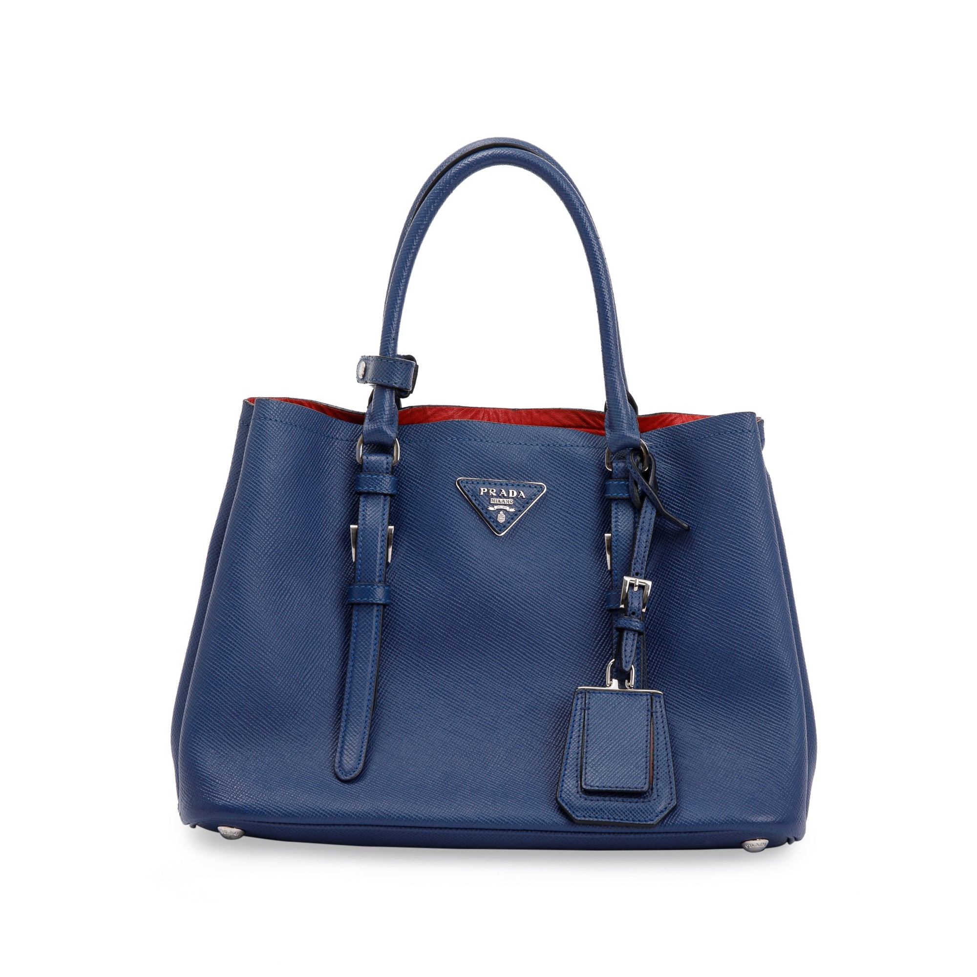 Prada Blue Saffiano Lux Small Cuir Double Tote w/ Strap