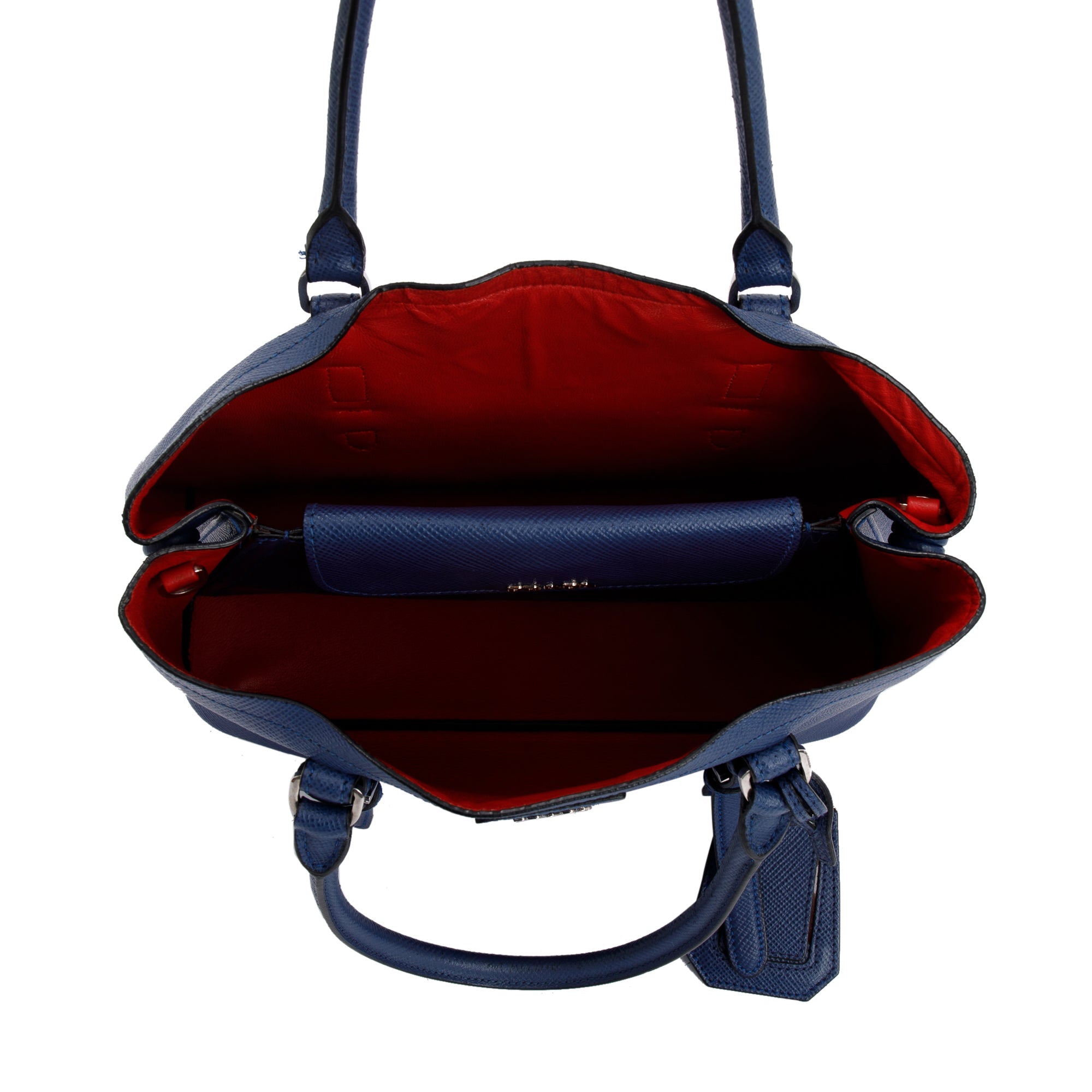 Prada Blue Saffiano Lux Small Cuir Double Tote w/ Strap