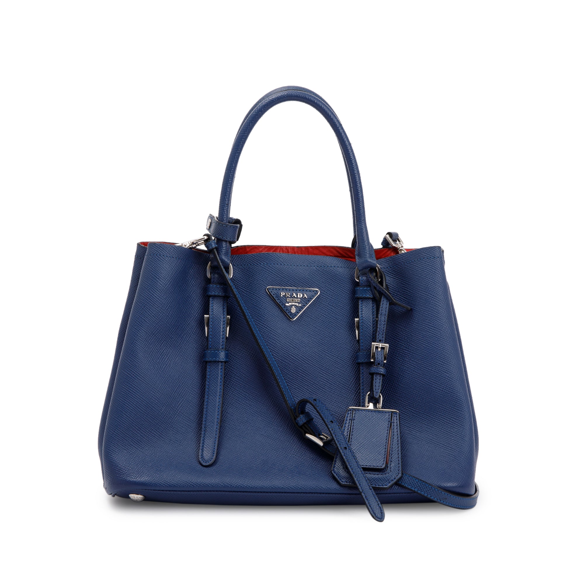 Prada Blue Saffiano Lux Small Cuir Double Tote w/ Strap