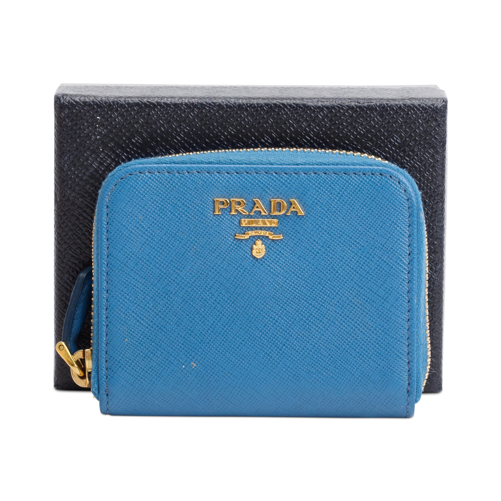Prada Blue Saffiano Metal Zippy Coin Purse w/ Box & Authenticity Card