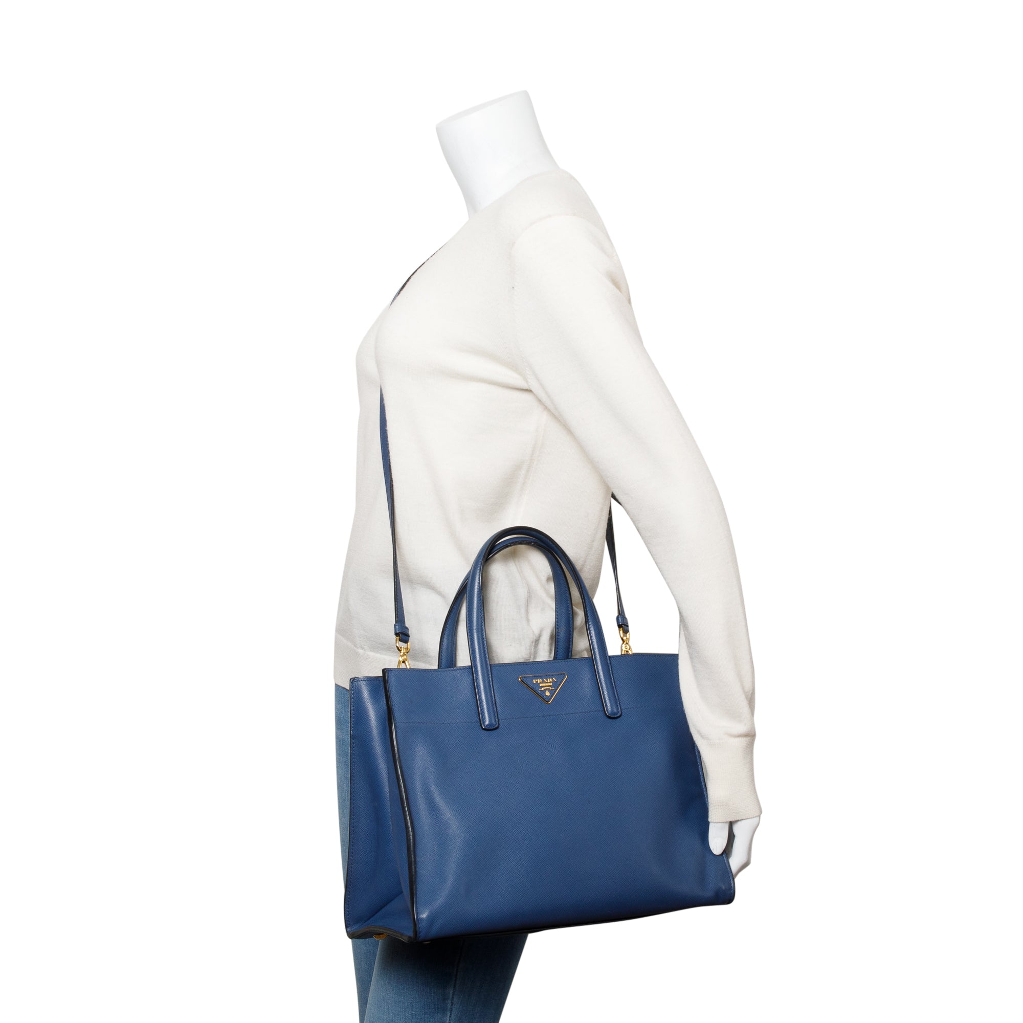 Prada Blue Saffiano Soft Leather Top Handle Tote w/ Strap & Authenticity Card