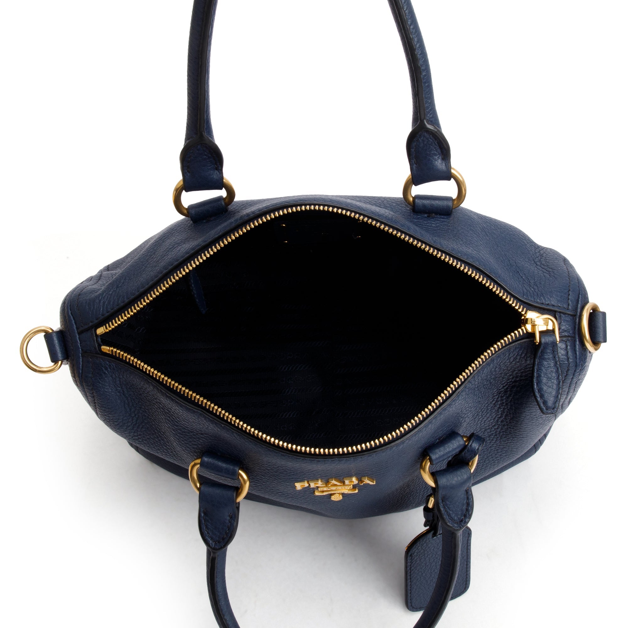 Prada Blue Vitello Phenix Leather Bauletto w/ Strap, Receipt & Authenticity Card