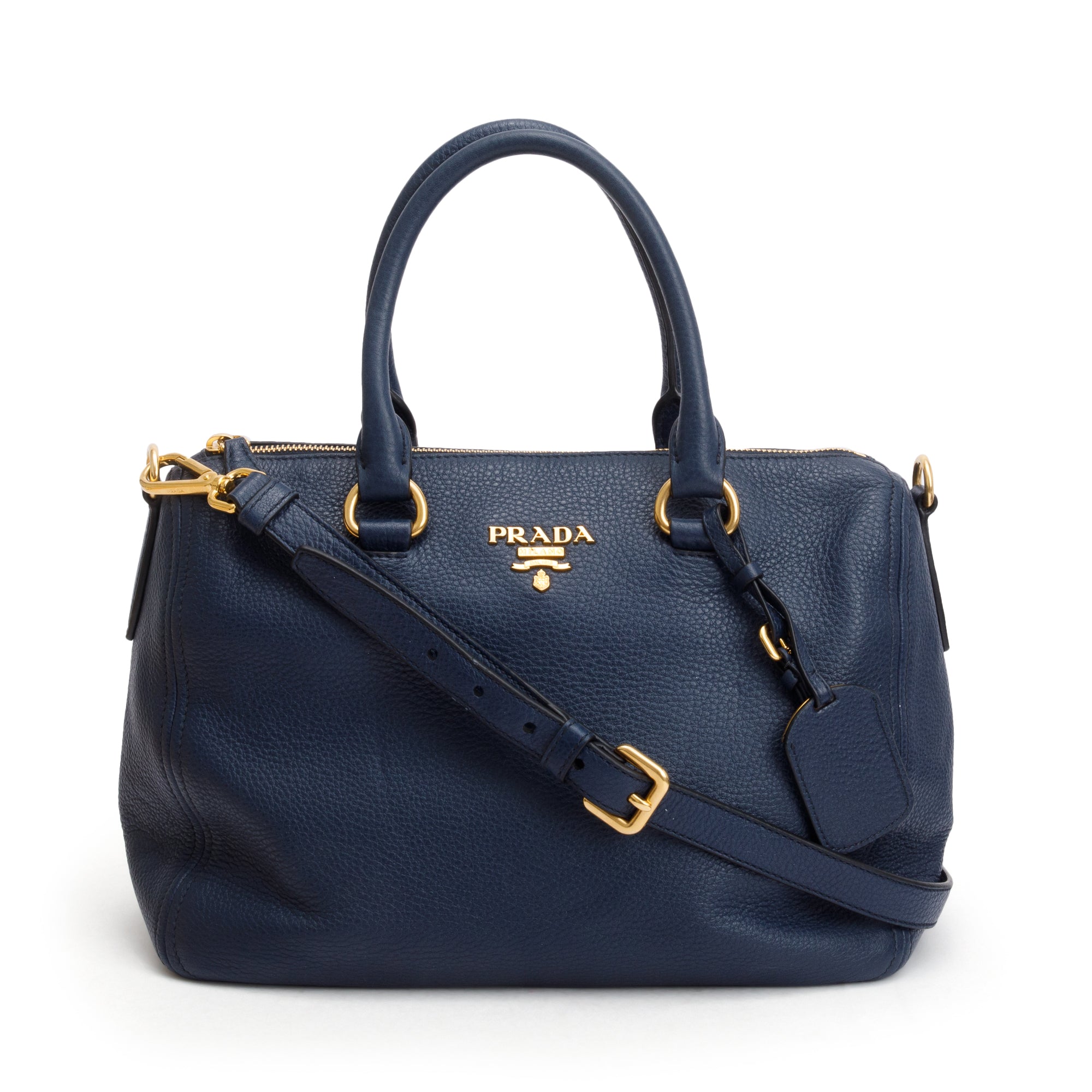 Prada Blue Vitello Phenix Leather Bauletto w/ Strap, Receipt & Authenticity Card