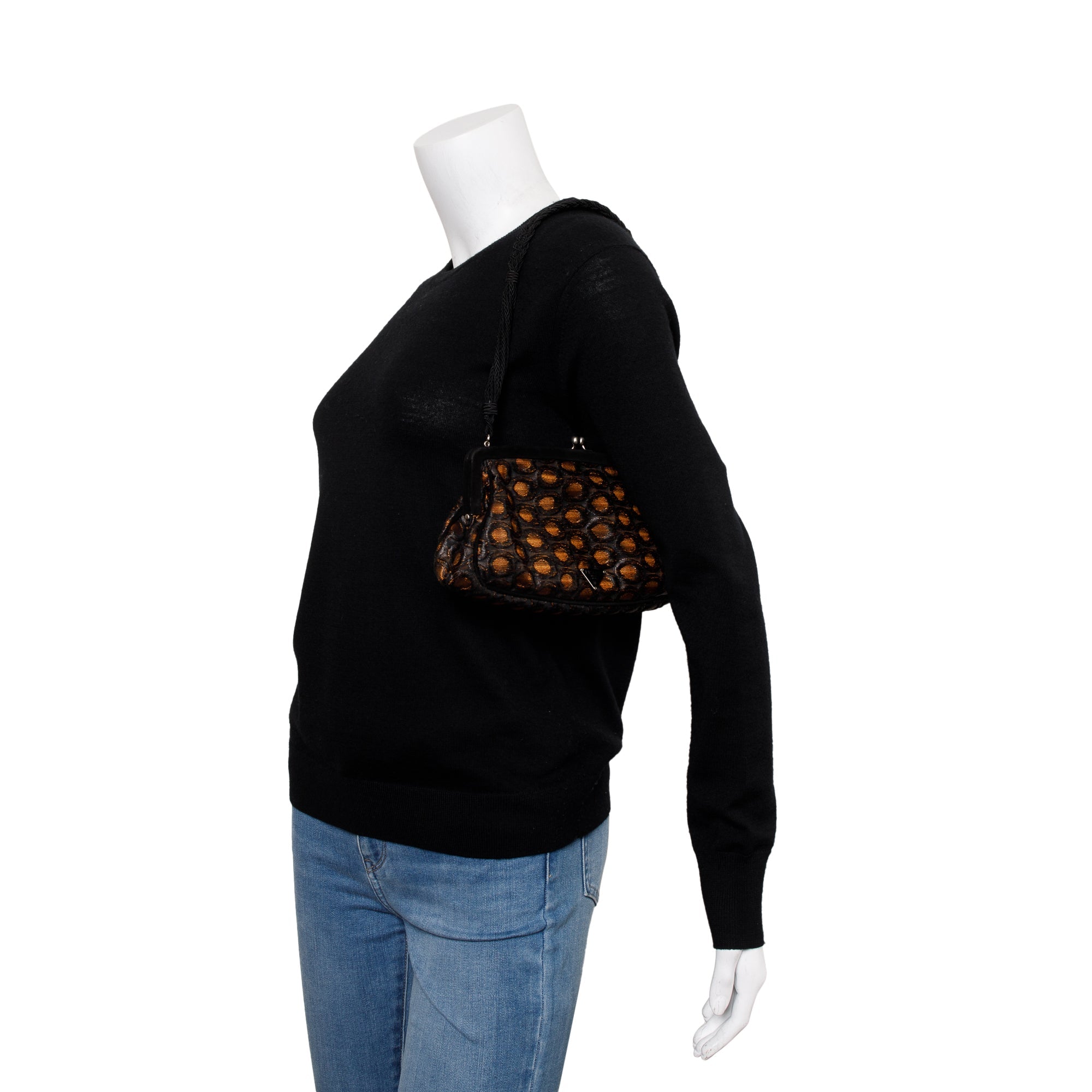 Prada Brown/ Beige Embroidered Satin Black Velvet Raso Frame Bag