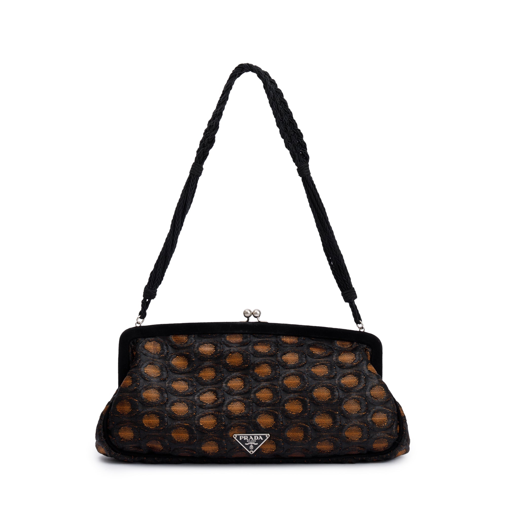 Prada Brown/ Beige Embroidered Satin Black Velvet Raso Frame Bag