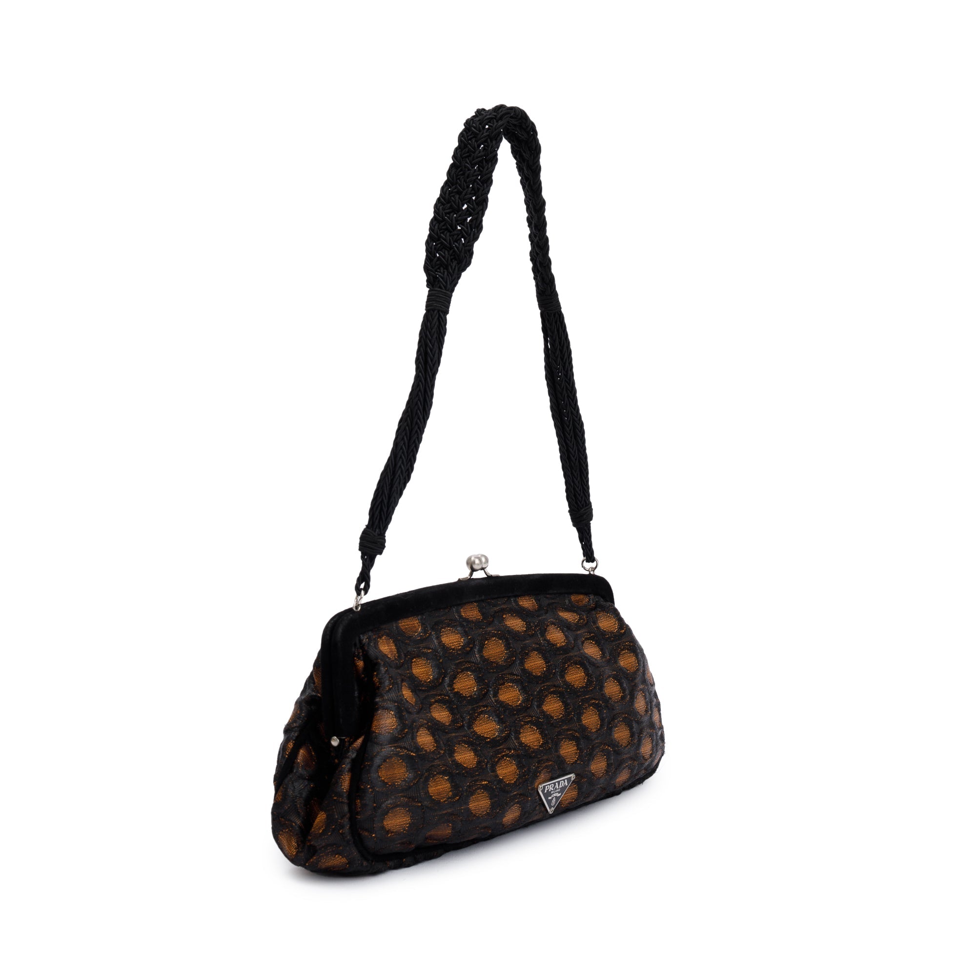 Prada Brown/ Beige Embroidered Satin Black Velvet Raso Frame Bag