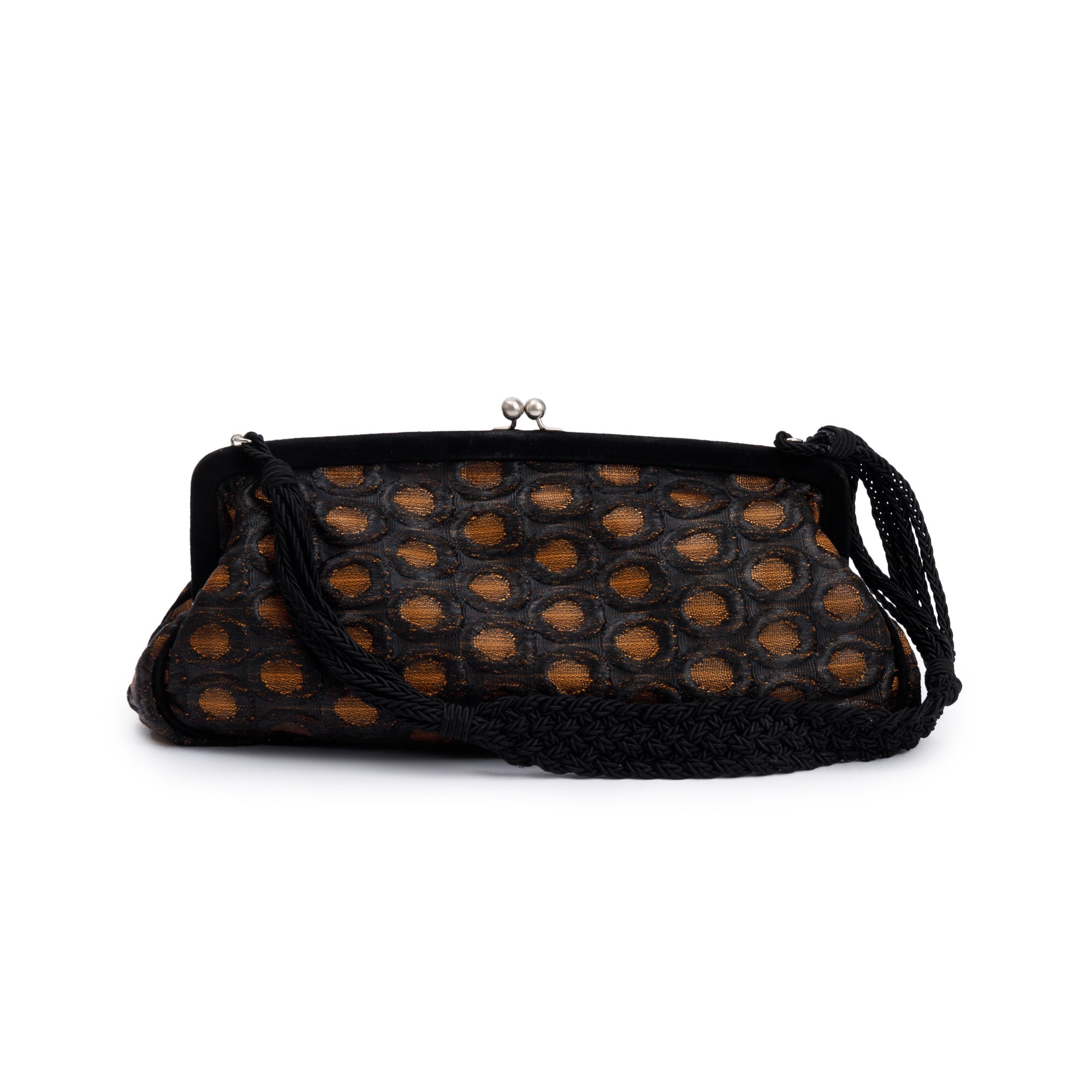 Prada Brown/ Beige Embroidered Satin Black Velvet Raso Frame Bag