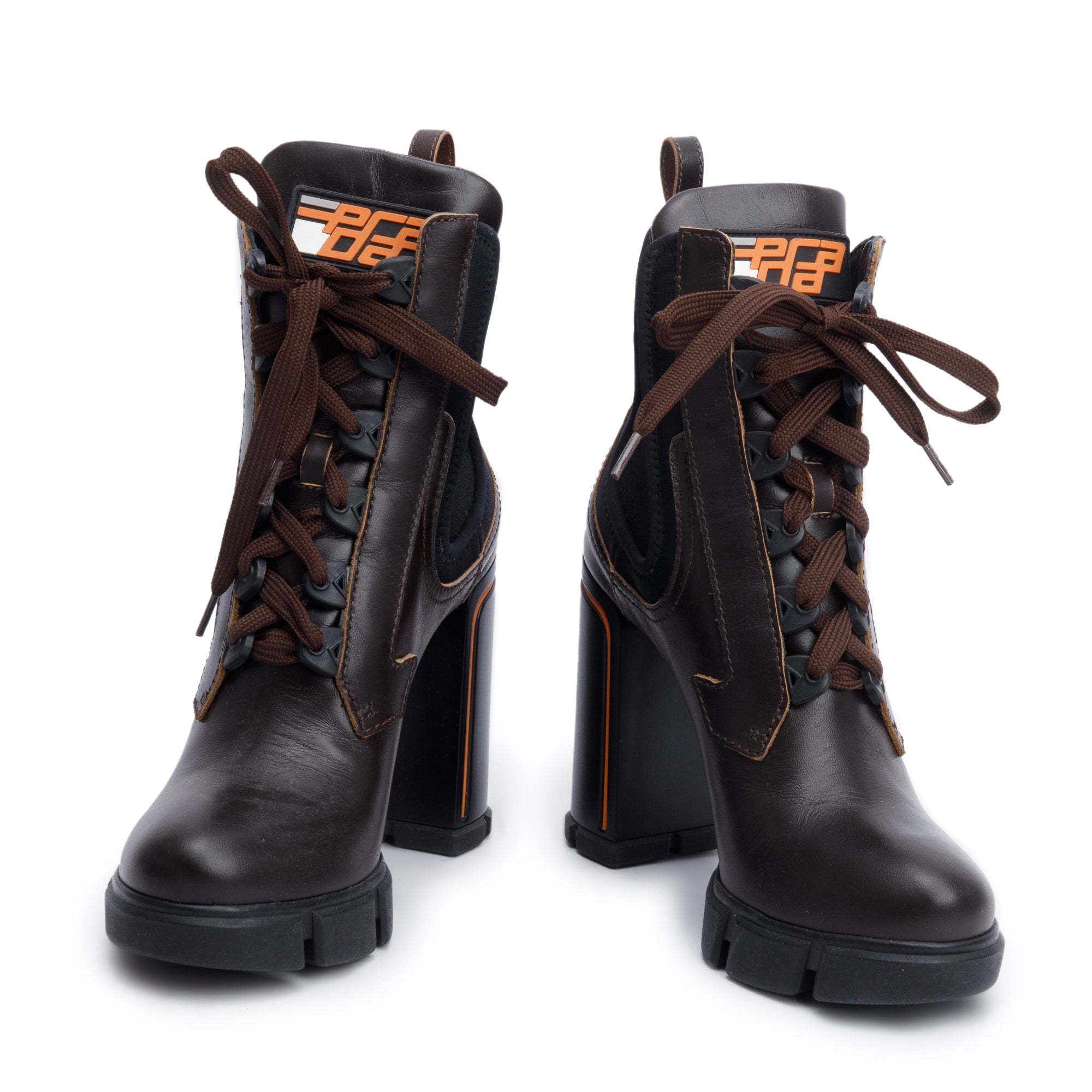 Prada Brown Leather Graphic Print Lace-Up Boots, Size 37.5 w/ Box