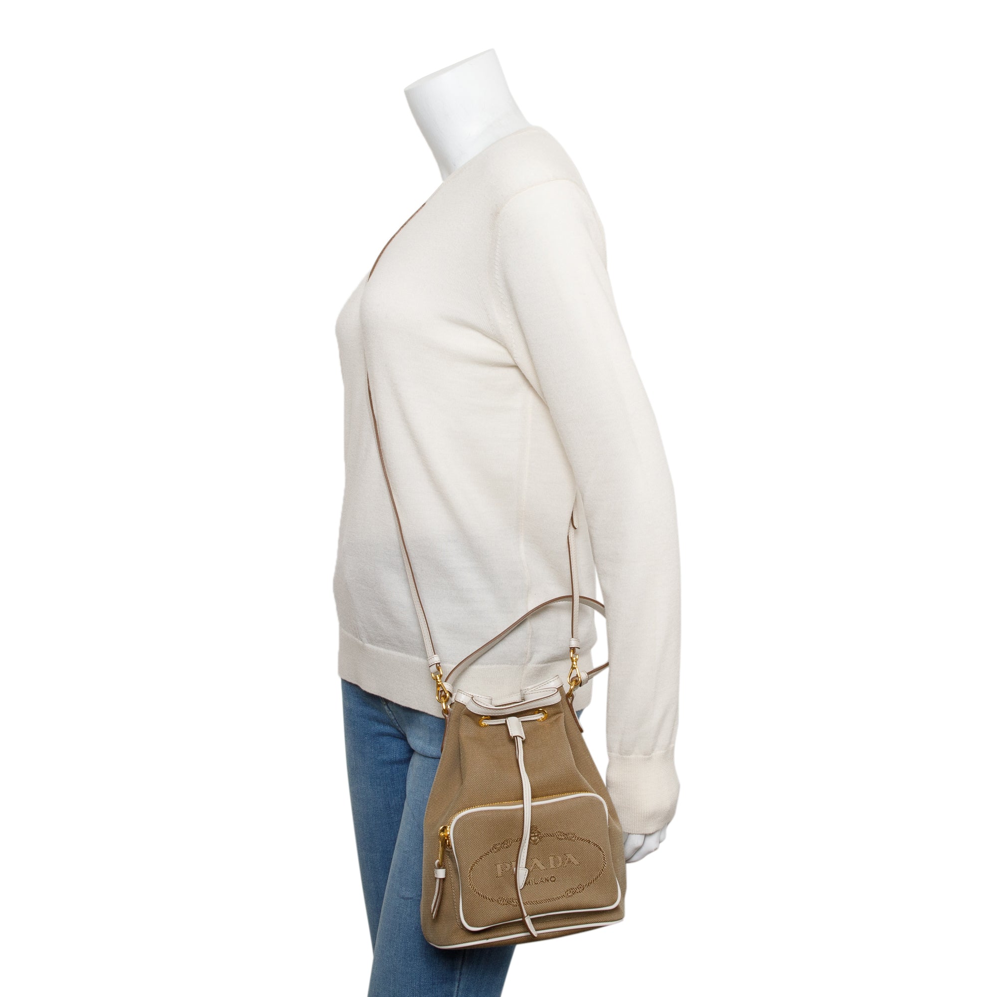 Prada Brown Logo Jacquard Bucket Bag w/ Strap & Authenticity Card