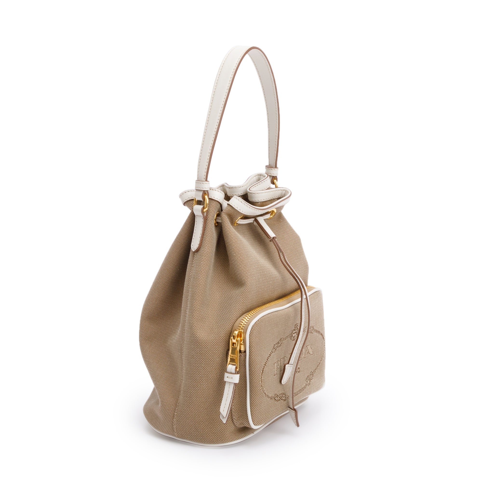 Prada Brown Logo Jacquard Bucket Bag w/ Strap & Authenticity Card