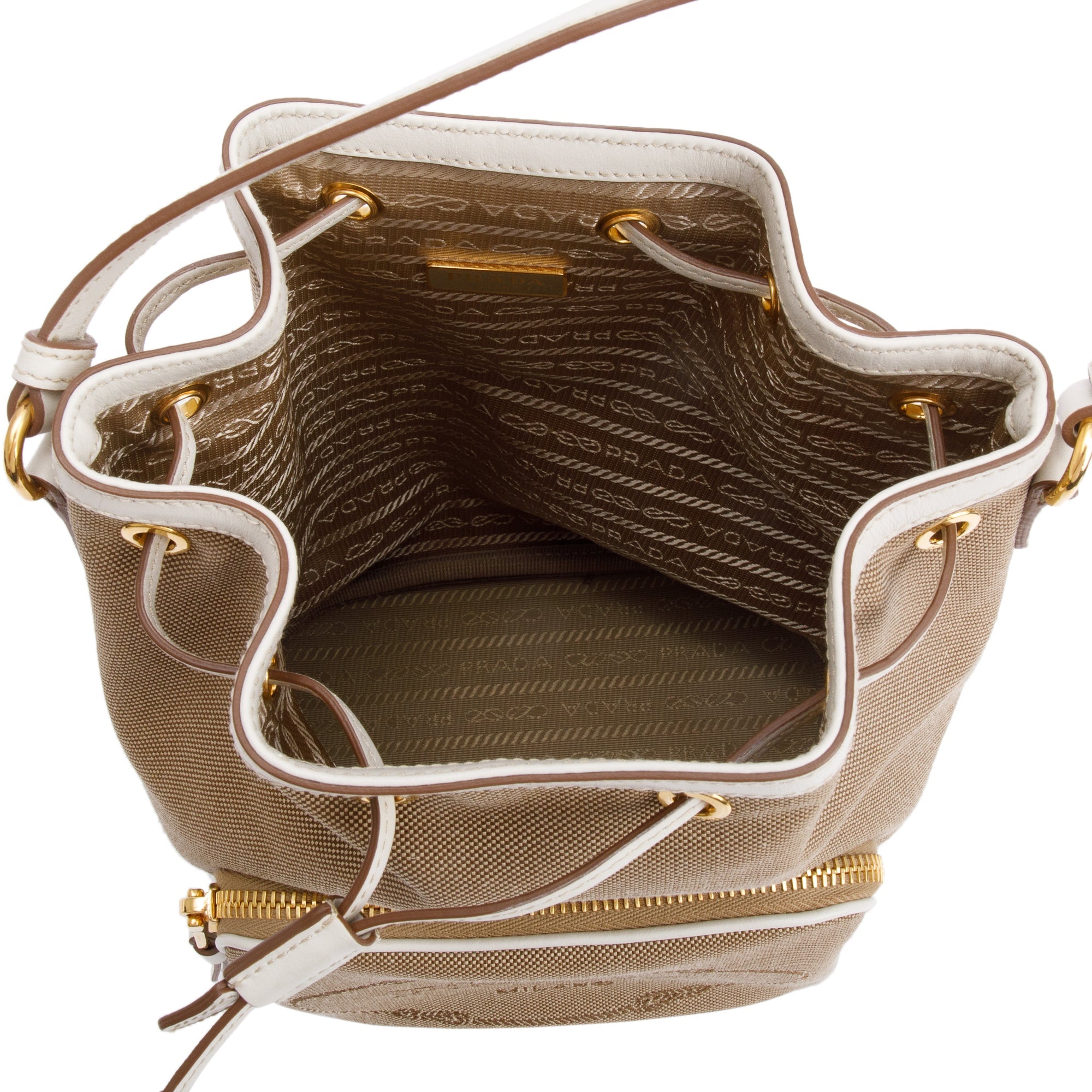 Prada Brown Logo Jacquard Bucket Bag w/ Strap & Authenticity Card