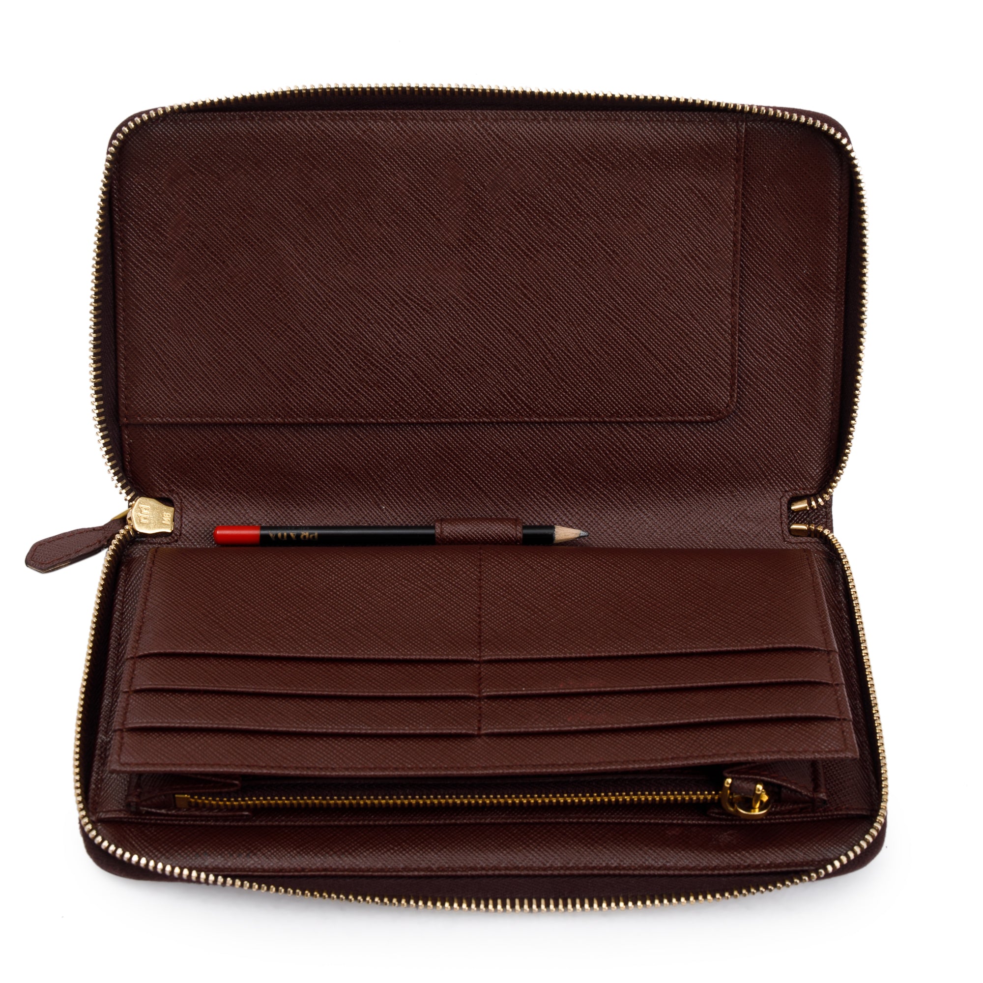 Prada Brown Saffiano Leather Zip Around Wallet