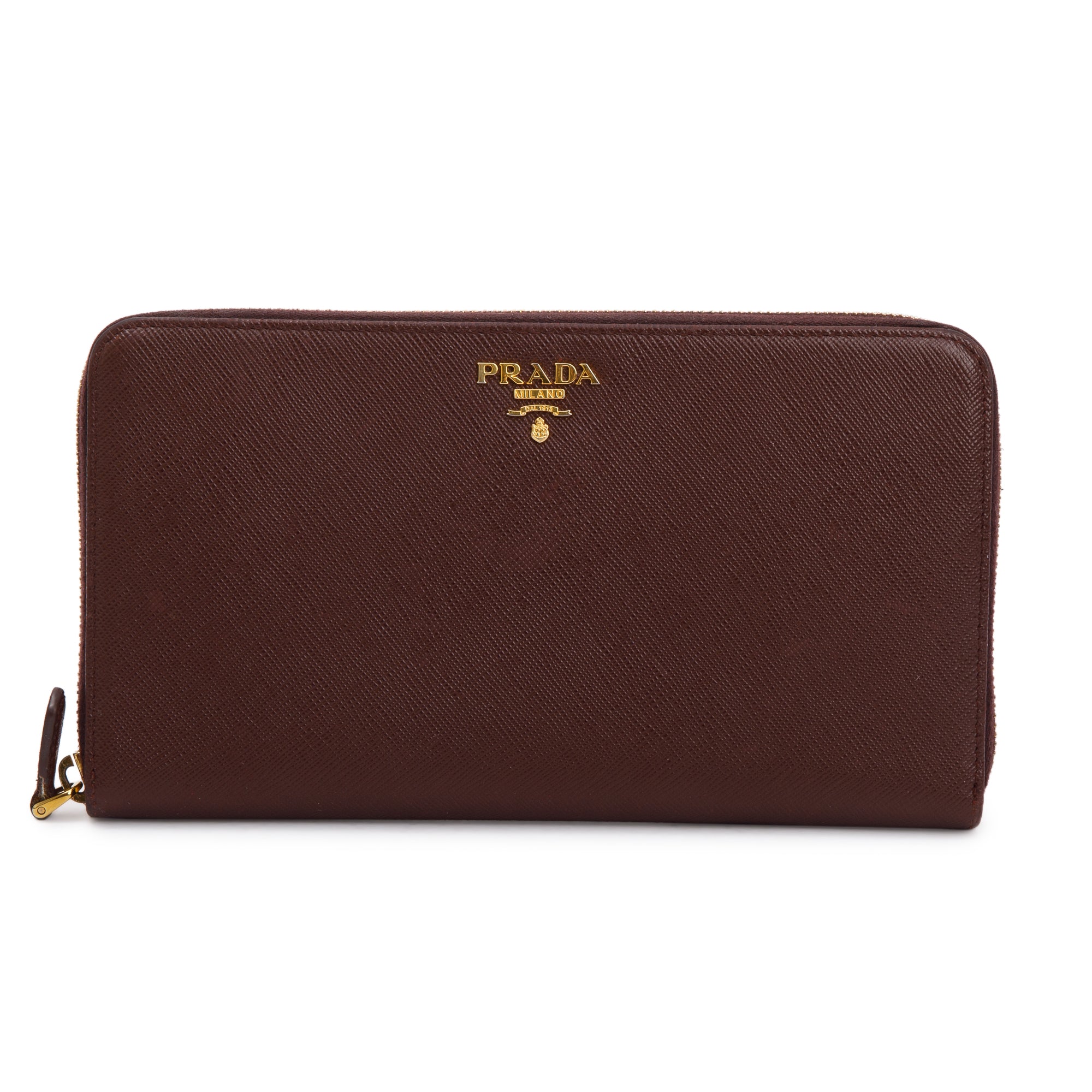 Prada Brown Saffiano Leather Zip Around Wallet