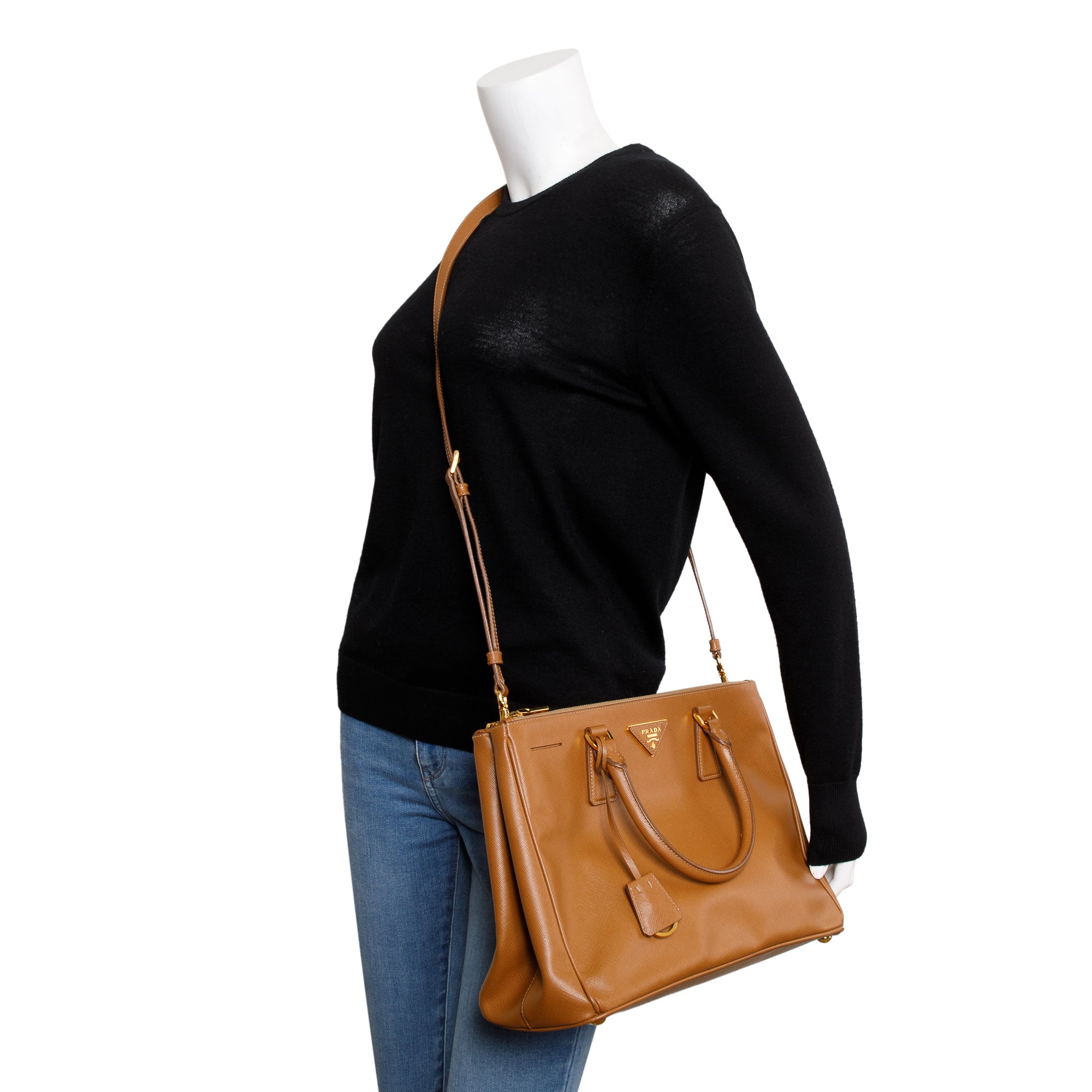 Prada Brown Saffiano Lux Medium Double Zip Galleria Tote w/ Strap