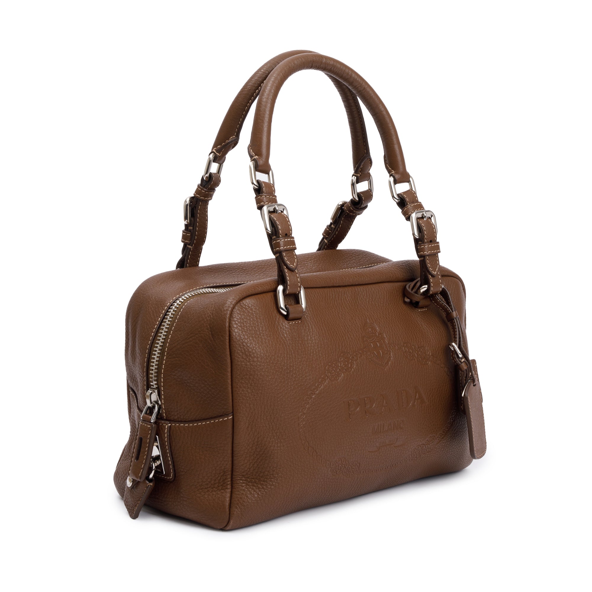 Prada Brown Vitello Daino Leather Medium Bauletto Logo Bag