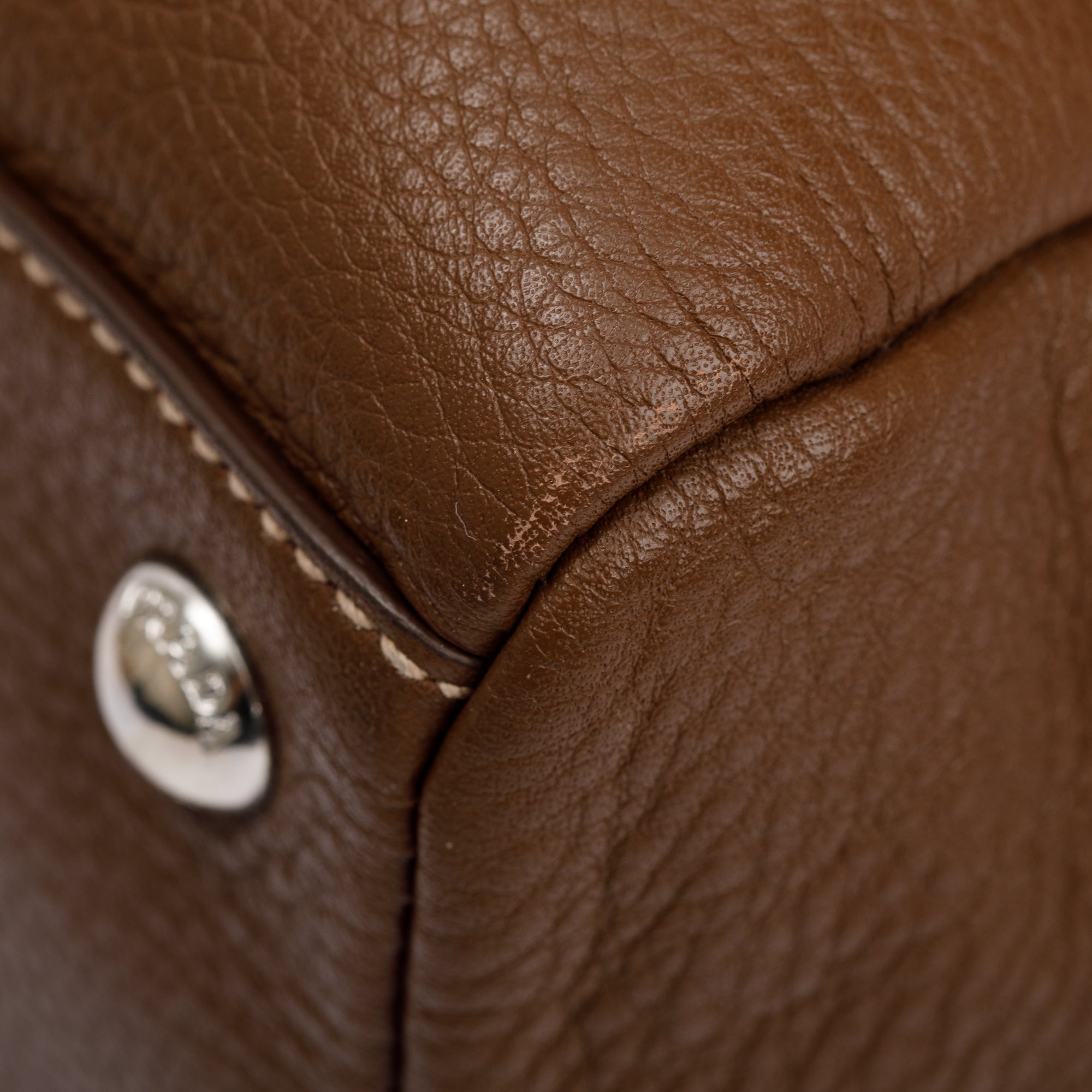 Prada Brown Vitello Daino Leather Medium Bauletto Logo Bag