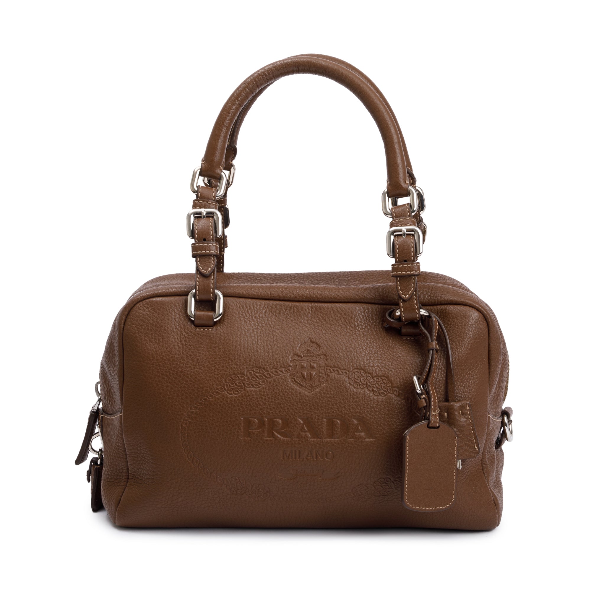 Prada Brown Vitello Daino Leather Medium Bauletto Logo Bag