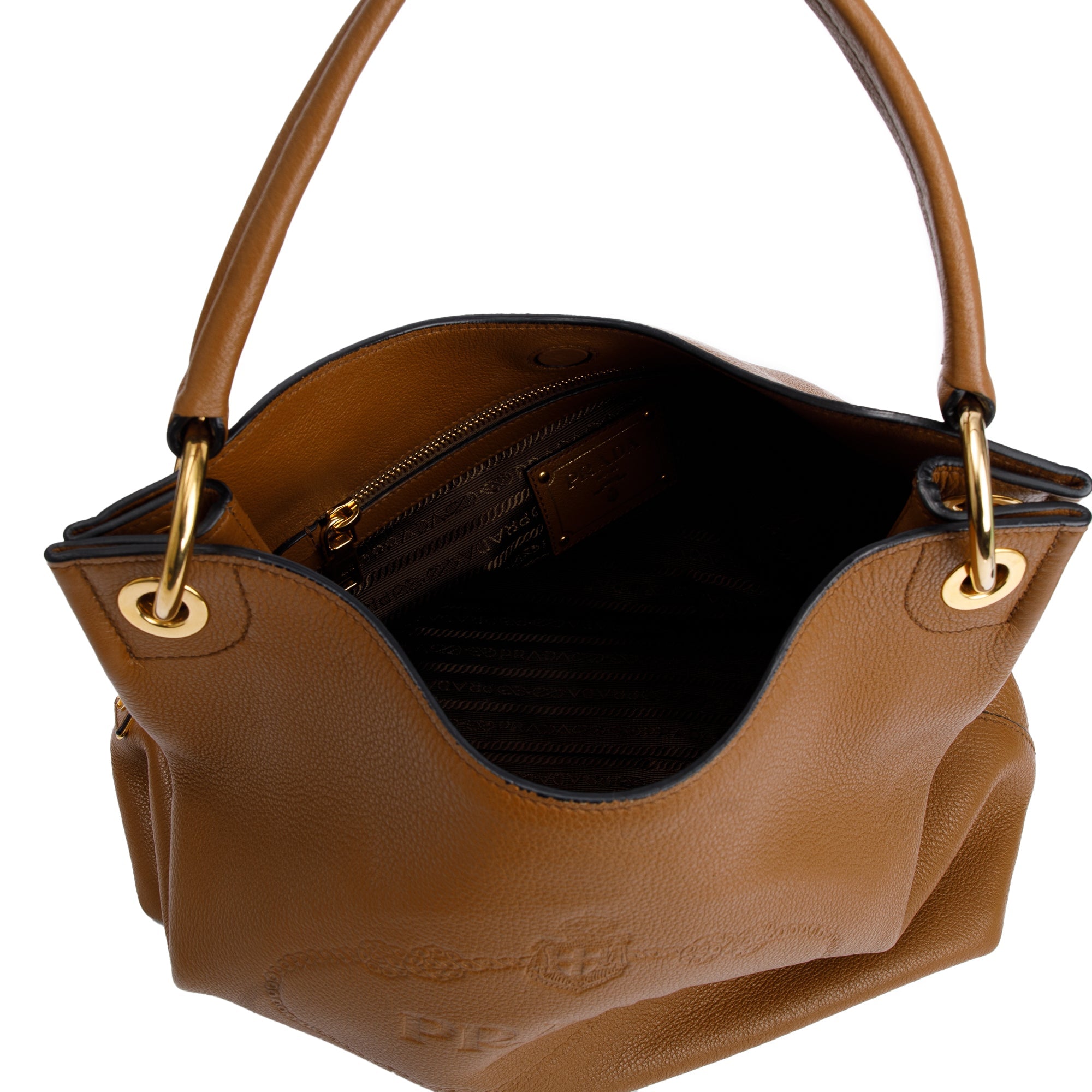 Prada Brown Vitello Daino Medium Logo Hobo Bag w/ Authenticity Card