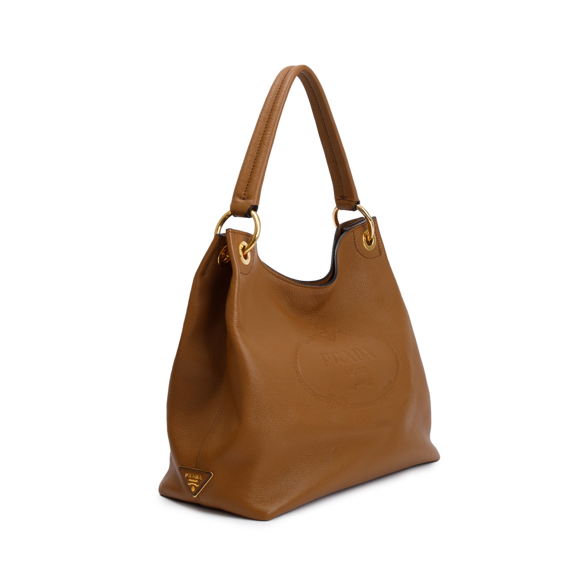 Prada Brown Vitello Daino Medium Logo Hobo Bag w/ Authenticity Card