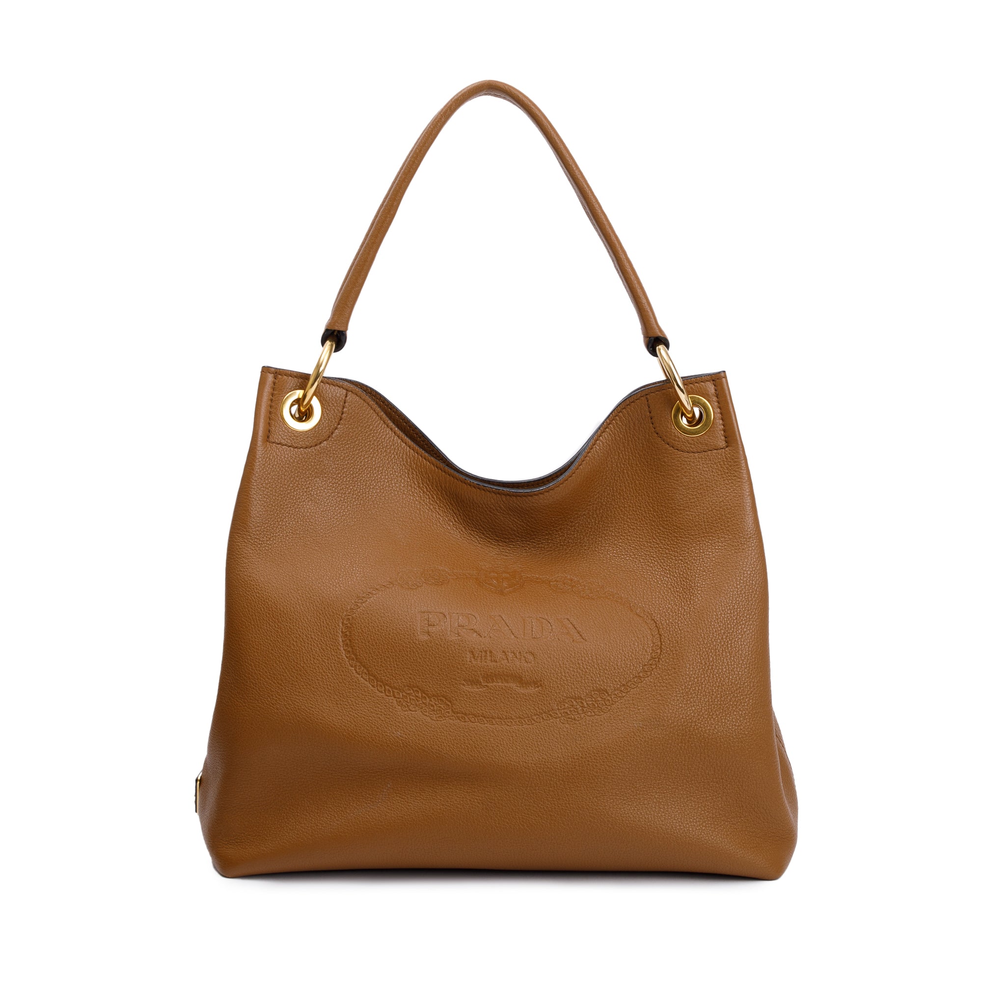 Prada Brown Vitello Daino Medium Logo Hobo Bag w/ Authenticity Card