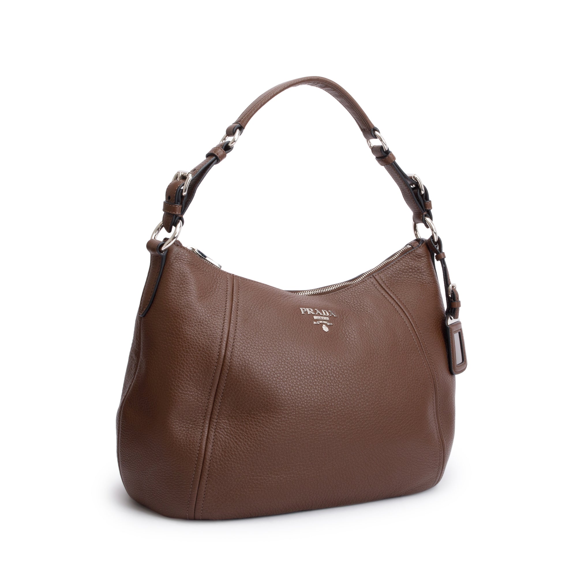 Prada Brown Vitello Phenix Leather Zip Top Hobo Bag