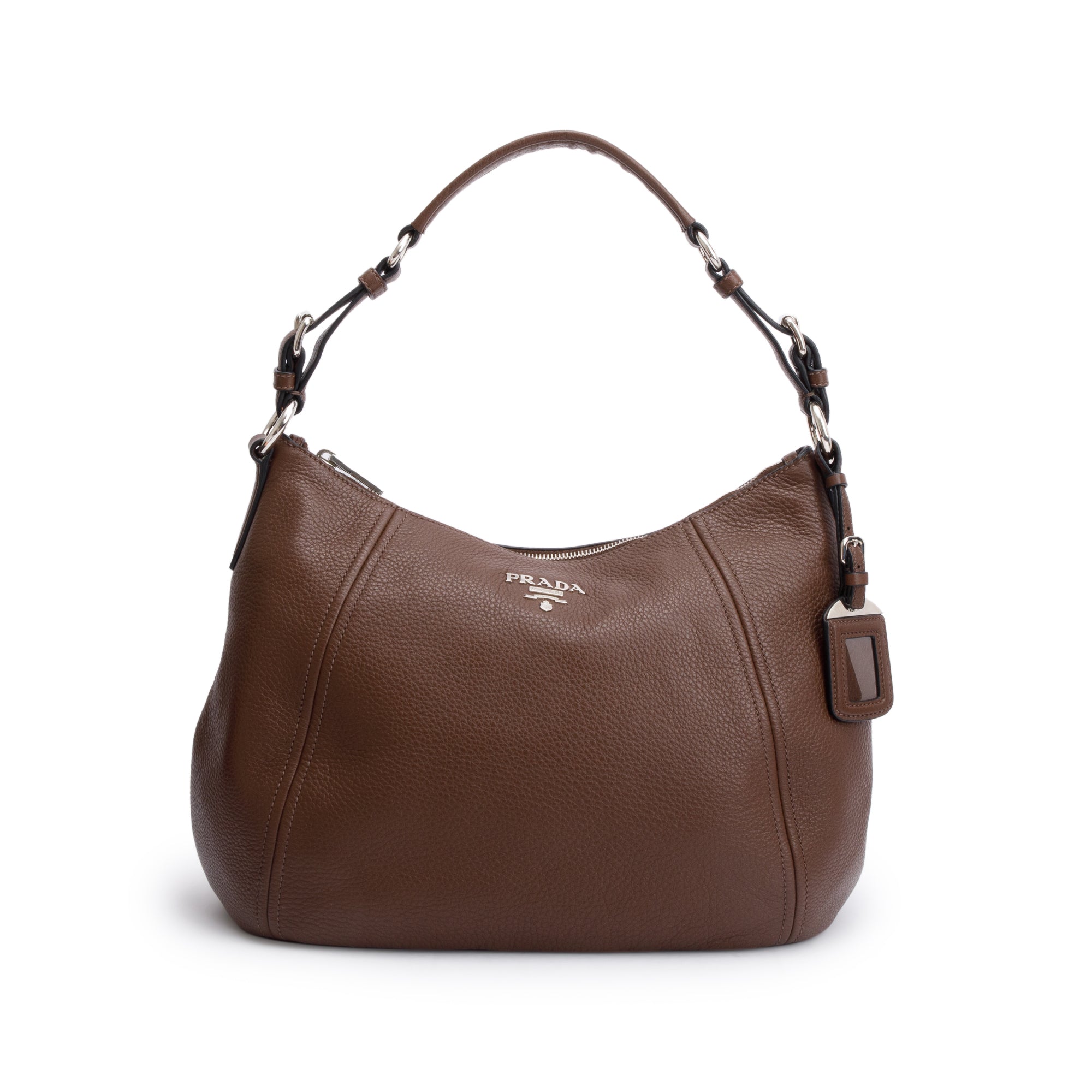 Prada Brown Vitello Phenix Leather Zip Top Hobo Bag