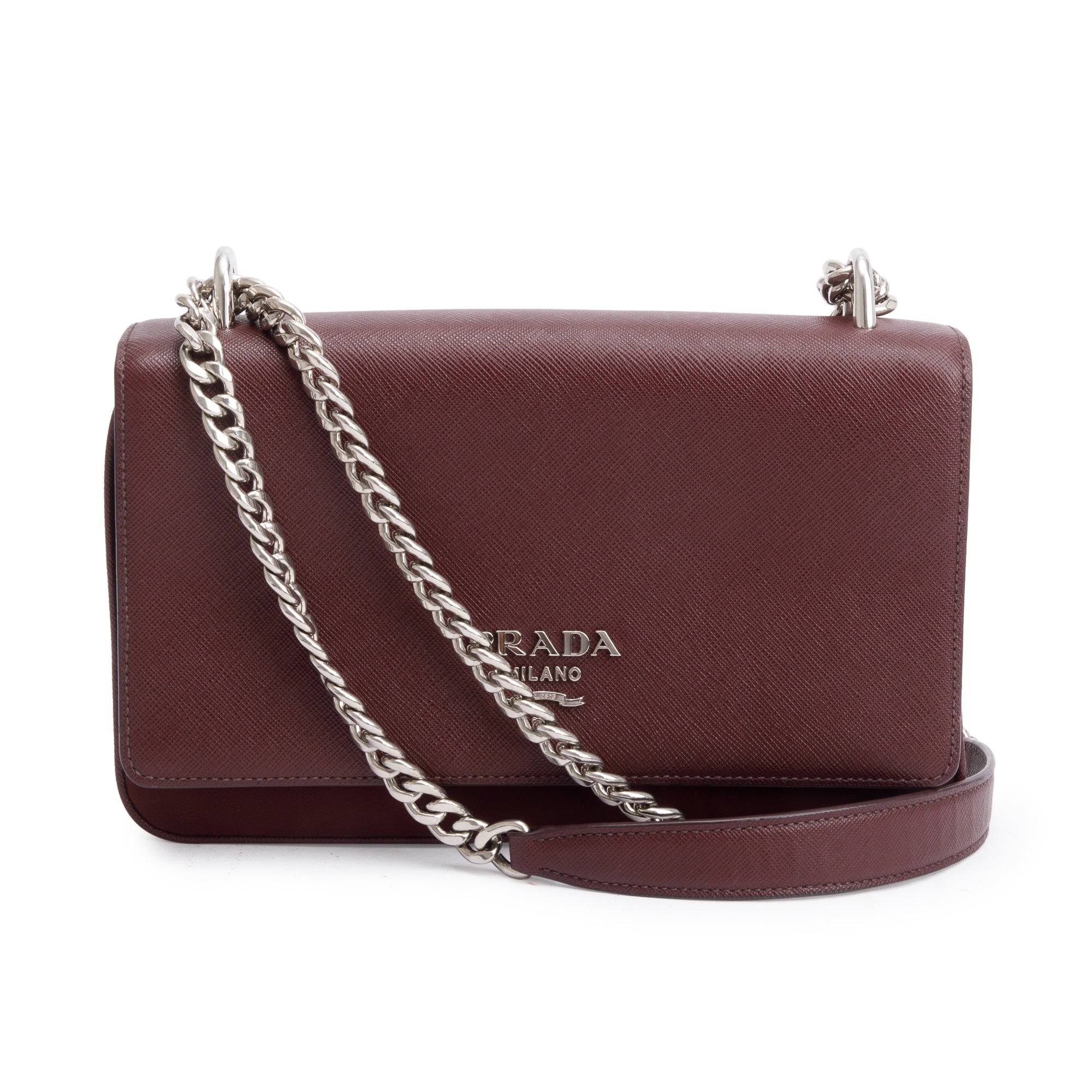 Prada Burgundy Tessuto Saffiano Leather Flap Shoulder Bag w/ Authenticity Card
